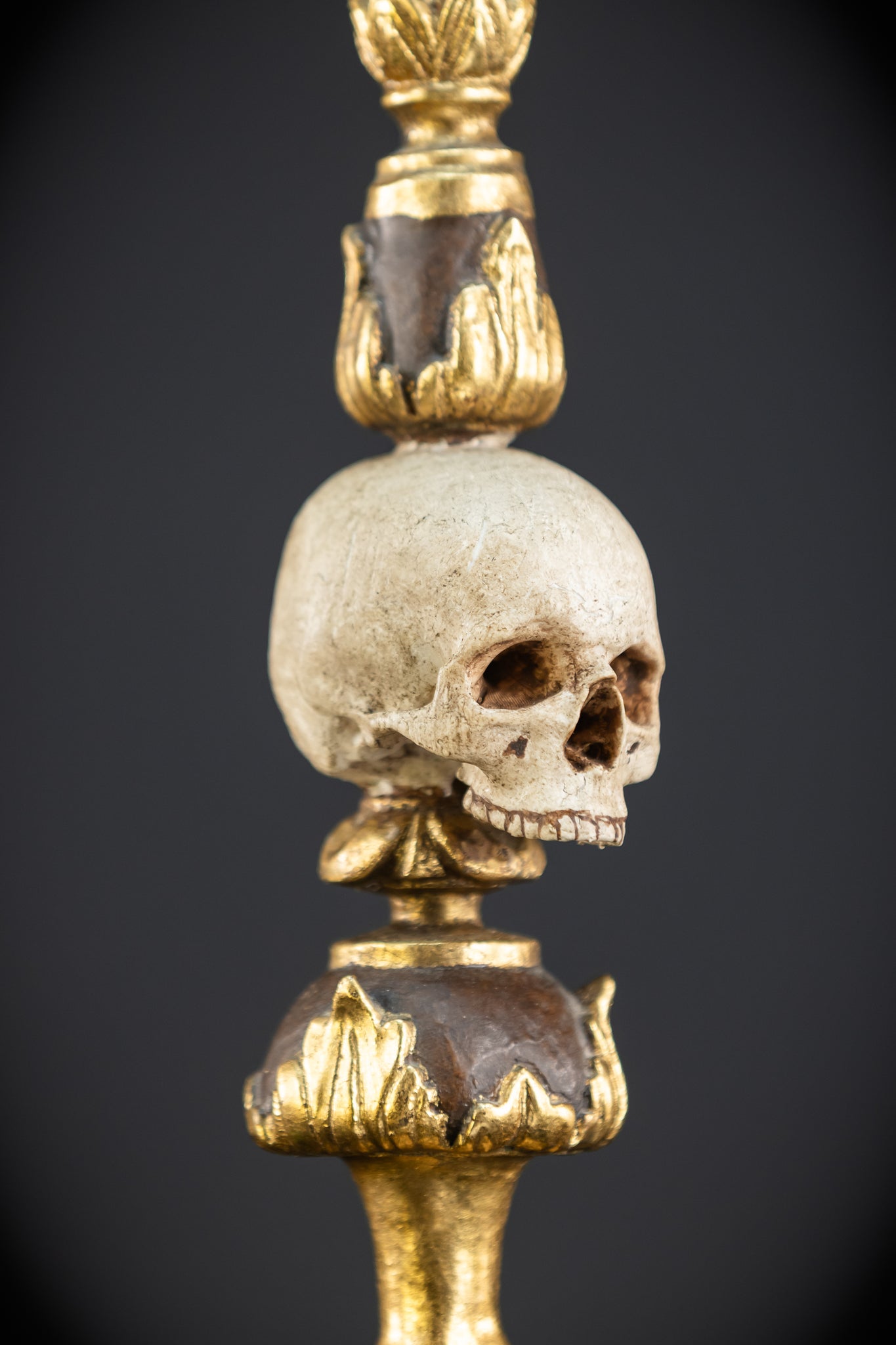 Pair Memento Mori Candlesticks | 1800s Carved Wood | 16.3”