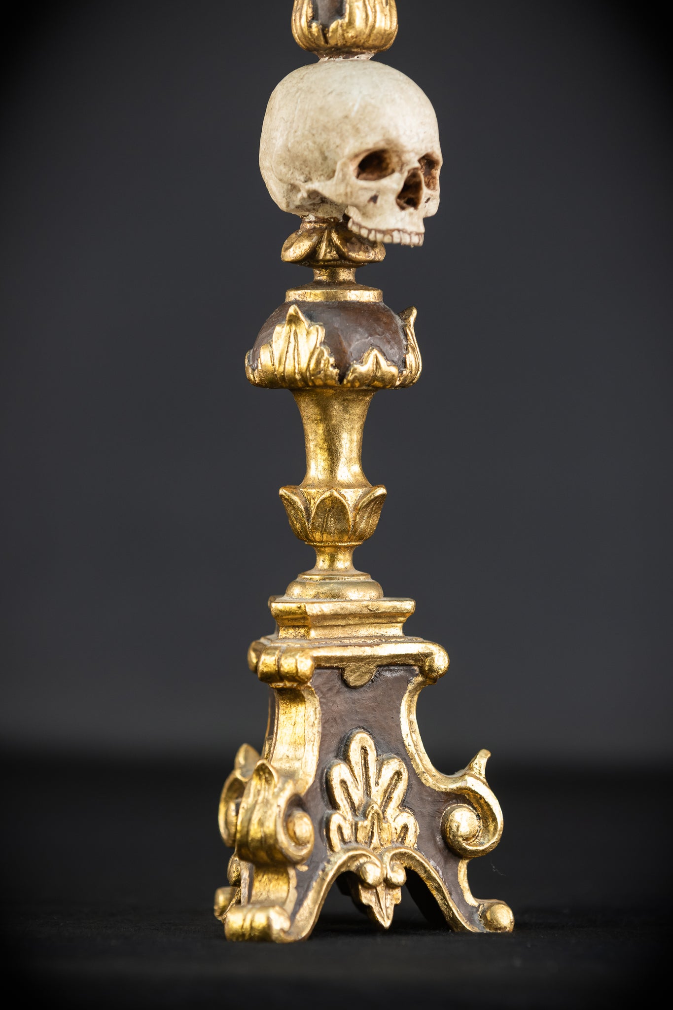 Pair Memento Mori Candlesticks | 1800s Carved Wood | 16.3”
