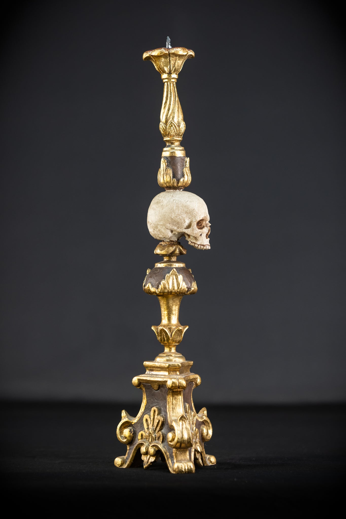 Pair Memento Mori Candlesticks | 1800s Carved Wood | 16.3”