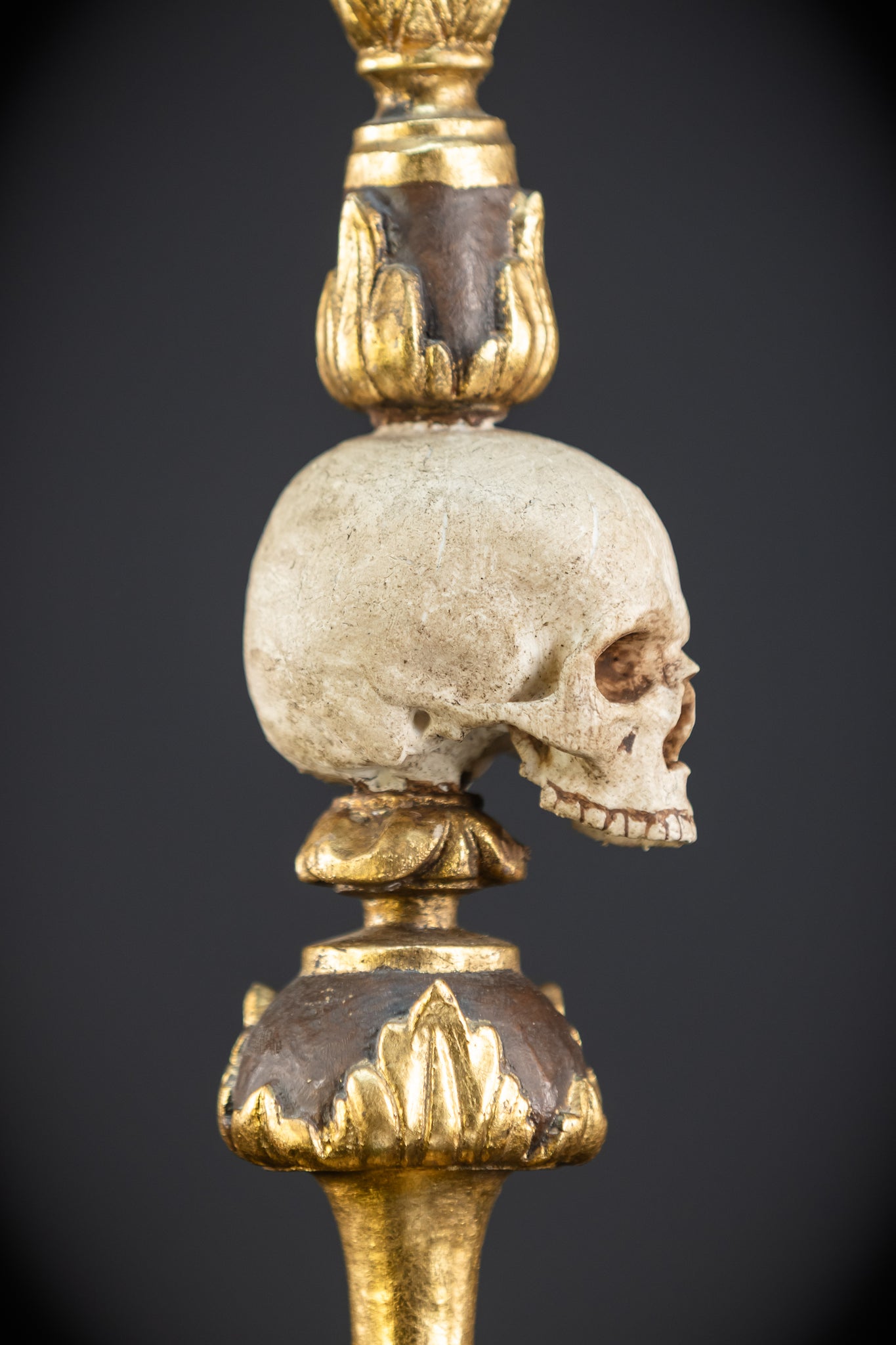 Pair Memento Mori Candlesticks | 1800s Carved Wood | 16.3”