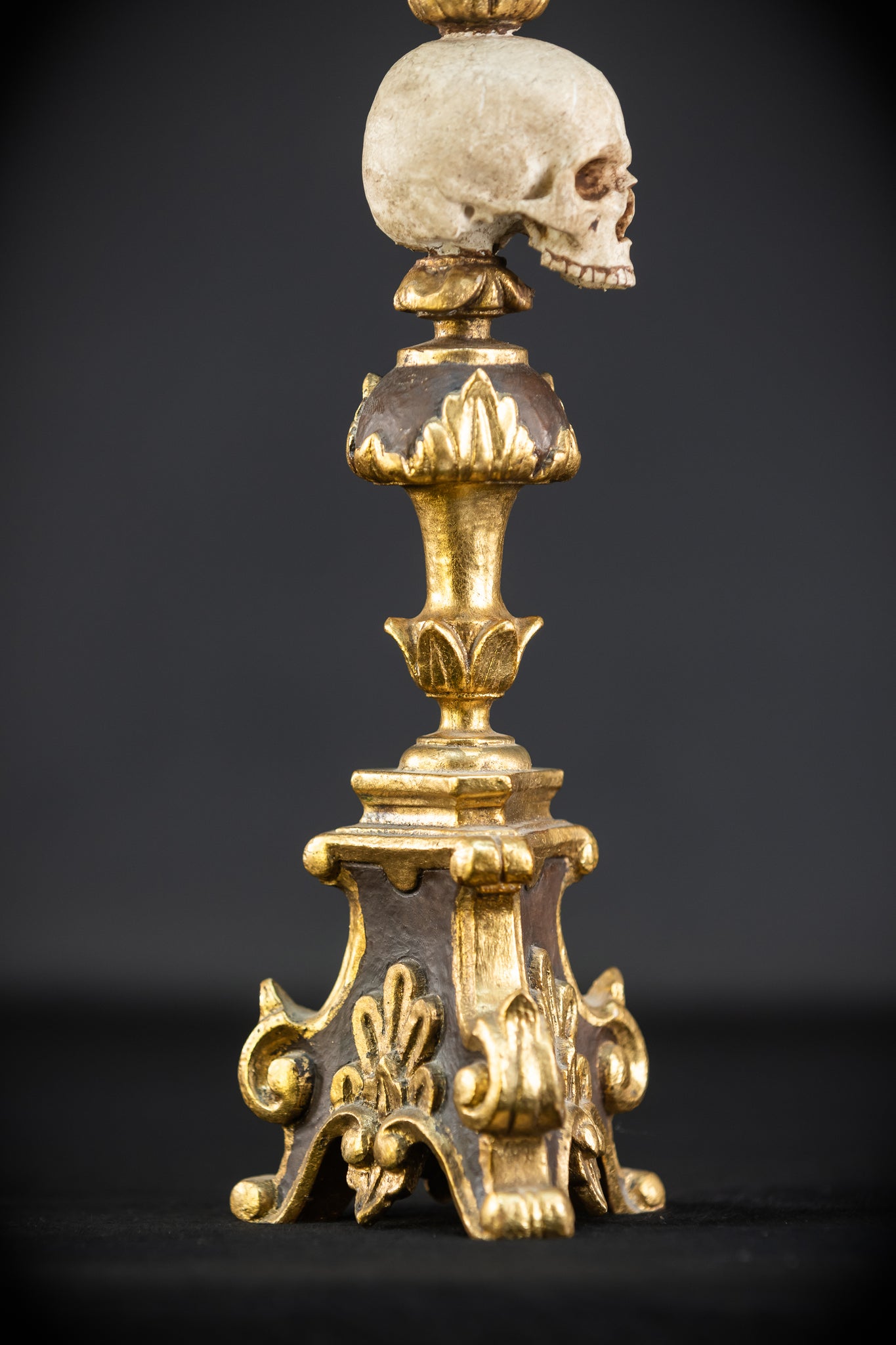 Pair Memento Mori Candlesticks | 1800s Carved Wood | 16.3”