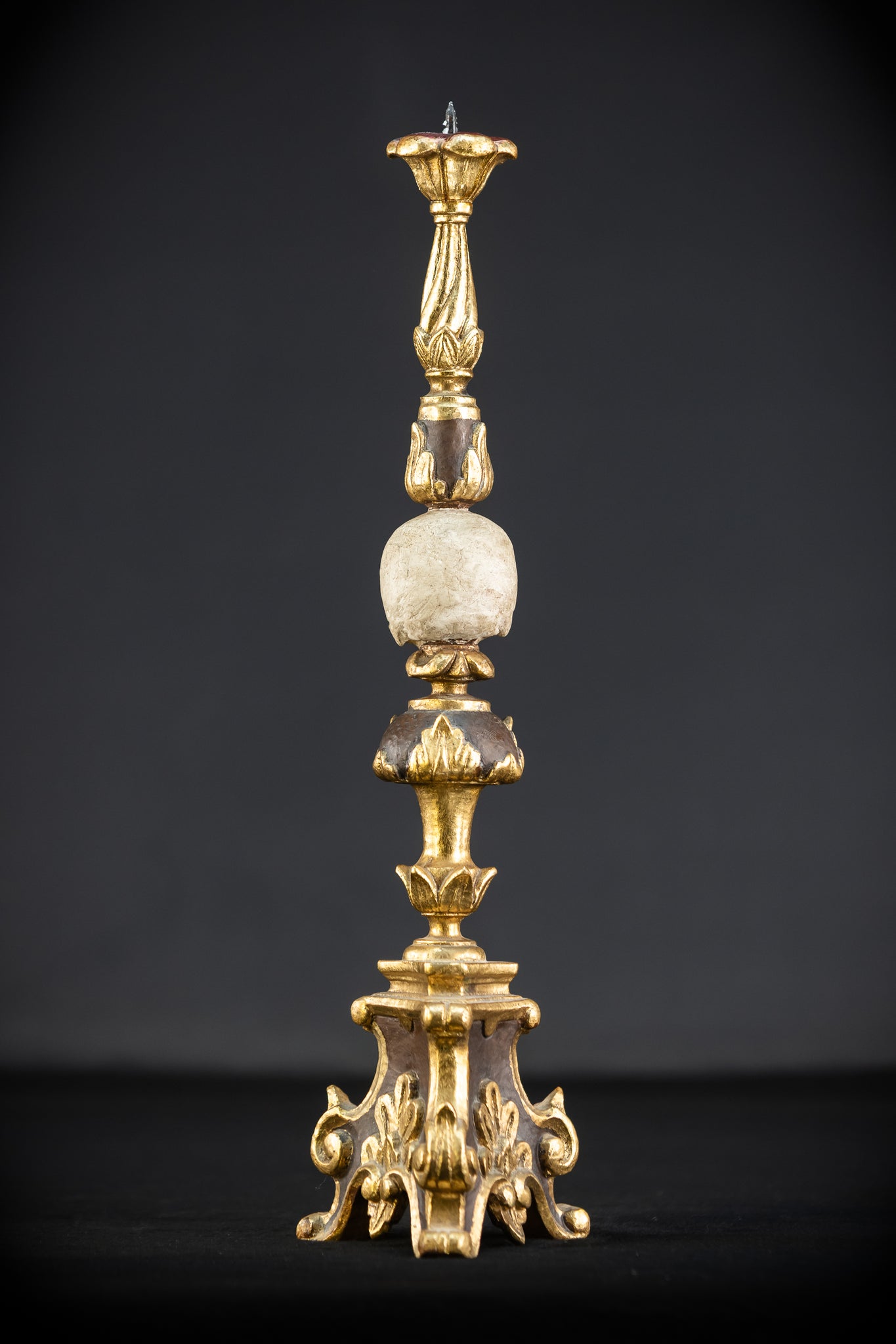 Pair Memento Mori Candlesticks | 1800s Carved Wood | 16.3”