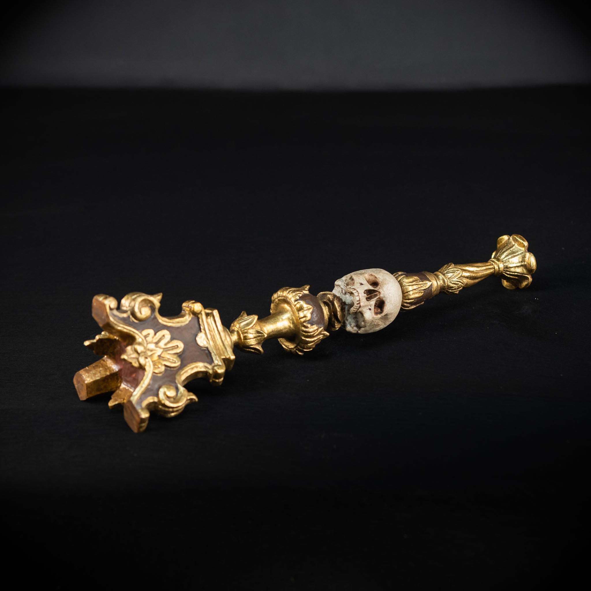 Pair Memento Mori Candlesticks | 1800s Carved Wood | 16.3”