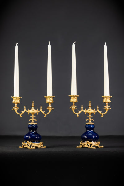Candelabra Pair | Two Gilded Bronze and Porcelain | 8.7" / 22 cm