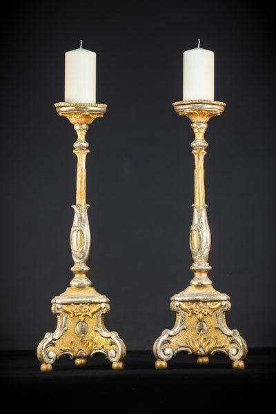 Pair of French Baroque Candlesticks | Gilded Wood 1700s Antique | 32.3" / 72 cm