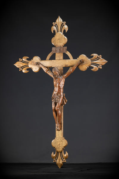 Church Wall Crucifix | 1800s Antique Wooden Cross | 39.8"