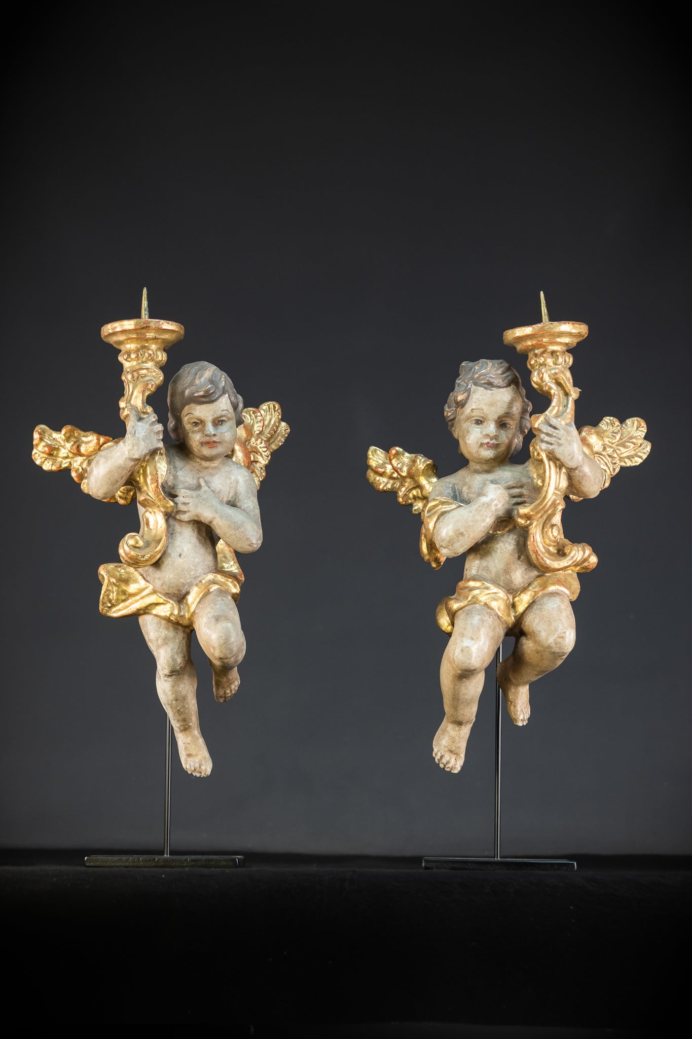 Flying Angel Candleholders Pair | 1700s Cherubs 19.3"