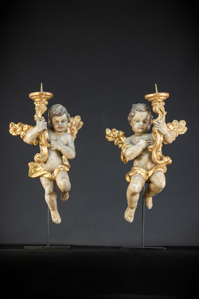 Flying Angel Candleholders Pair | 1700s Cherubs 19.3"