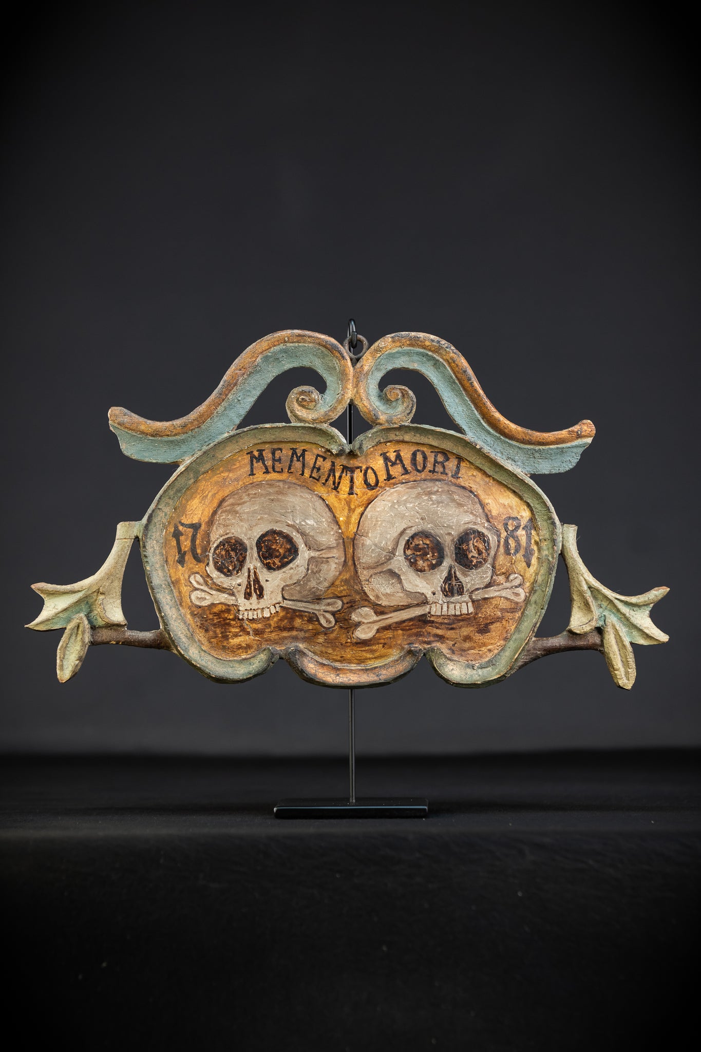 Memento Mori | French 1700s Wood Carved Painted Plaque 16.9" / 43 cm