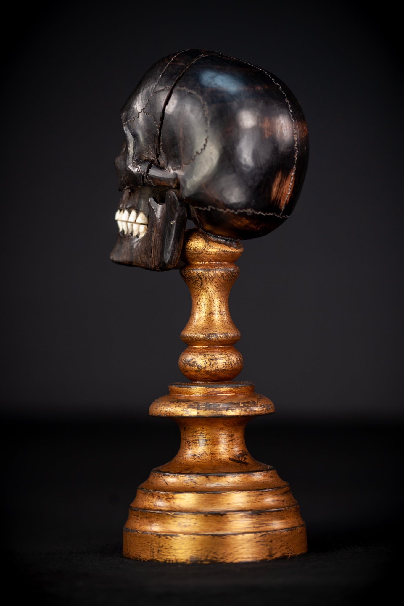 Memento Mori Ebony Wood Carving | 1800s Antique | 10.2" / 26 cm