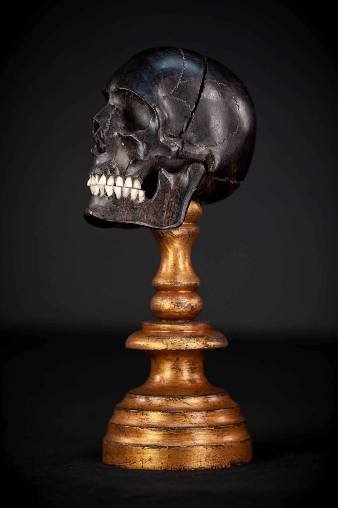 Memento Mori Ebony Wood Carving | 1800s Antique | 10.2" / 26 cm