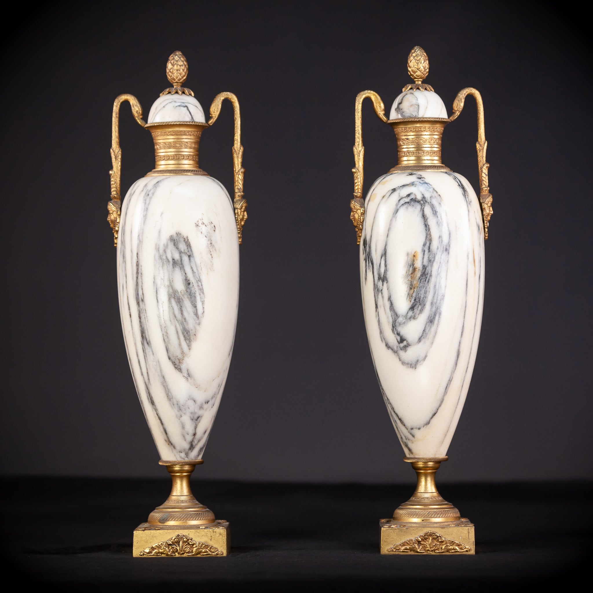 Pair of Urns |  White Marble and Gilt Bronze 18.1"