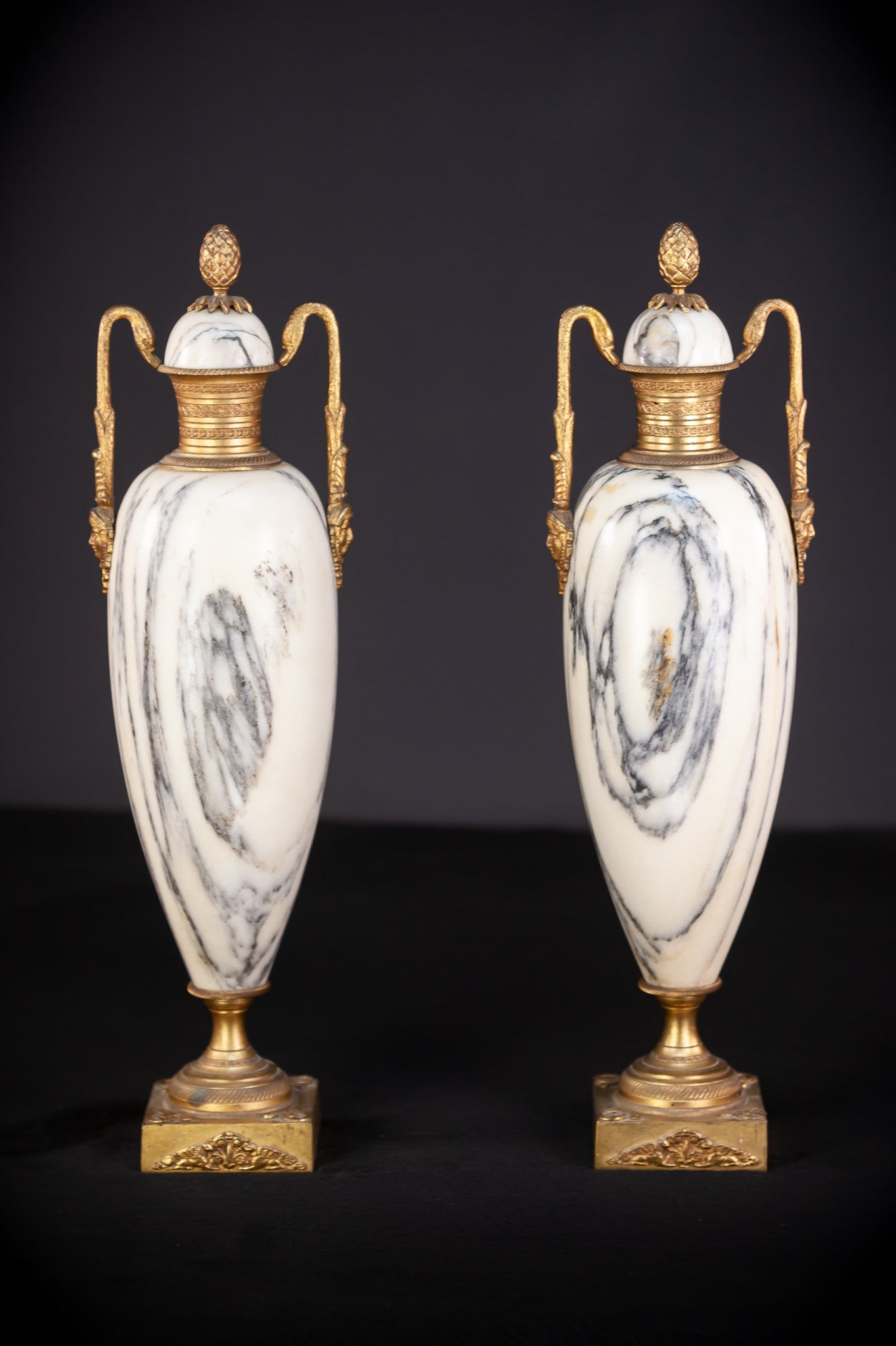 Pair of White Marble and Gilt Bronze Urns / Cassolettes | 1800s Antique | 14.2" / 46 cm