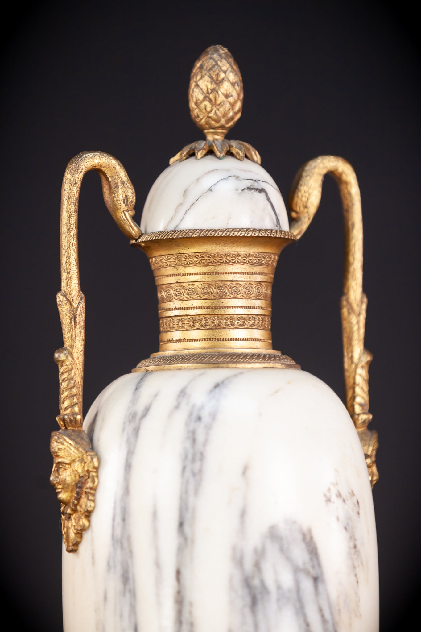 Pair of White Marble and Gilt Bronze Urns / Cassolettes | 1800s Antique | 14.2" / 46 cm
