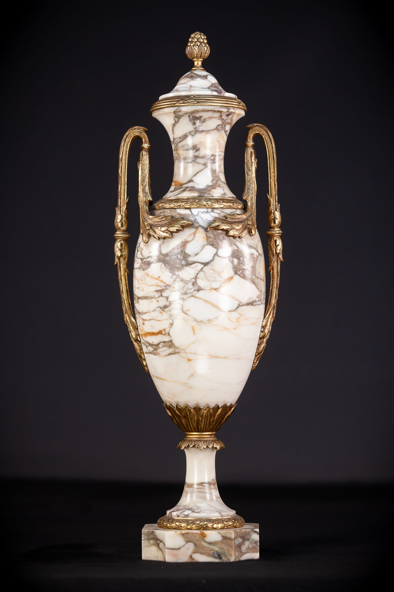 Pair of Urns | White Marble and Gilt Bronze | 1800s Antique | 18.3"/ 46.5 cm