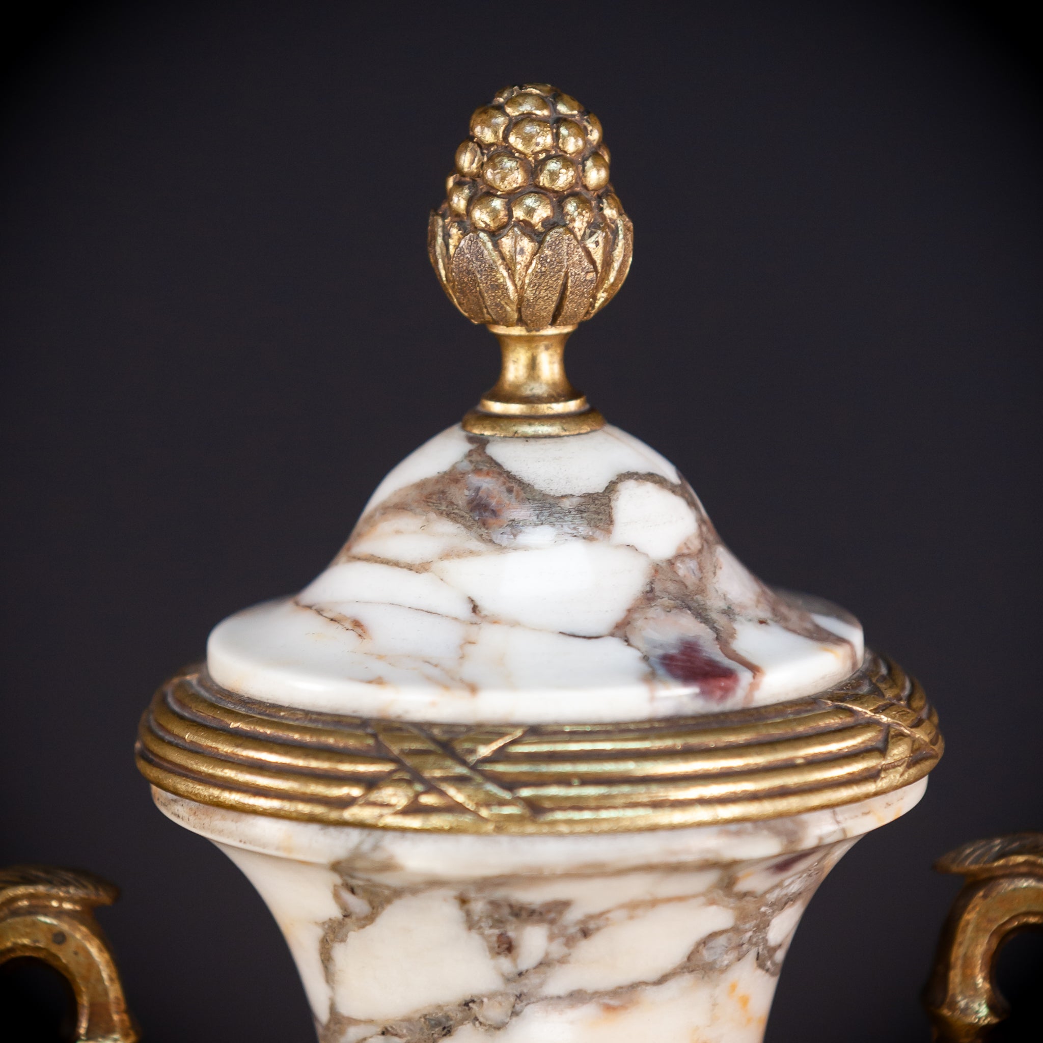 Pair of Urns | White Marble and Gilt Bronze | 1800s Antique | 18.3"/ 46.5 cm