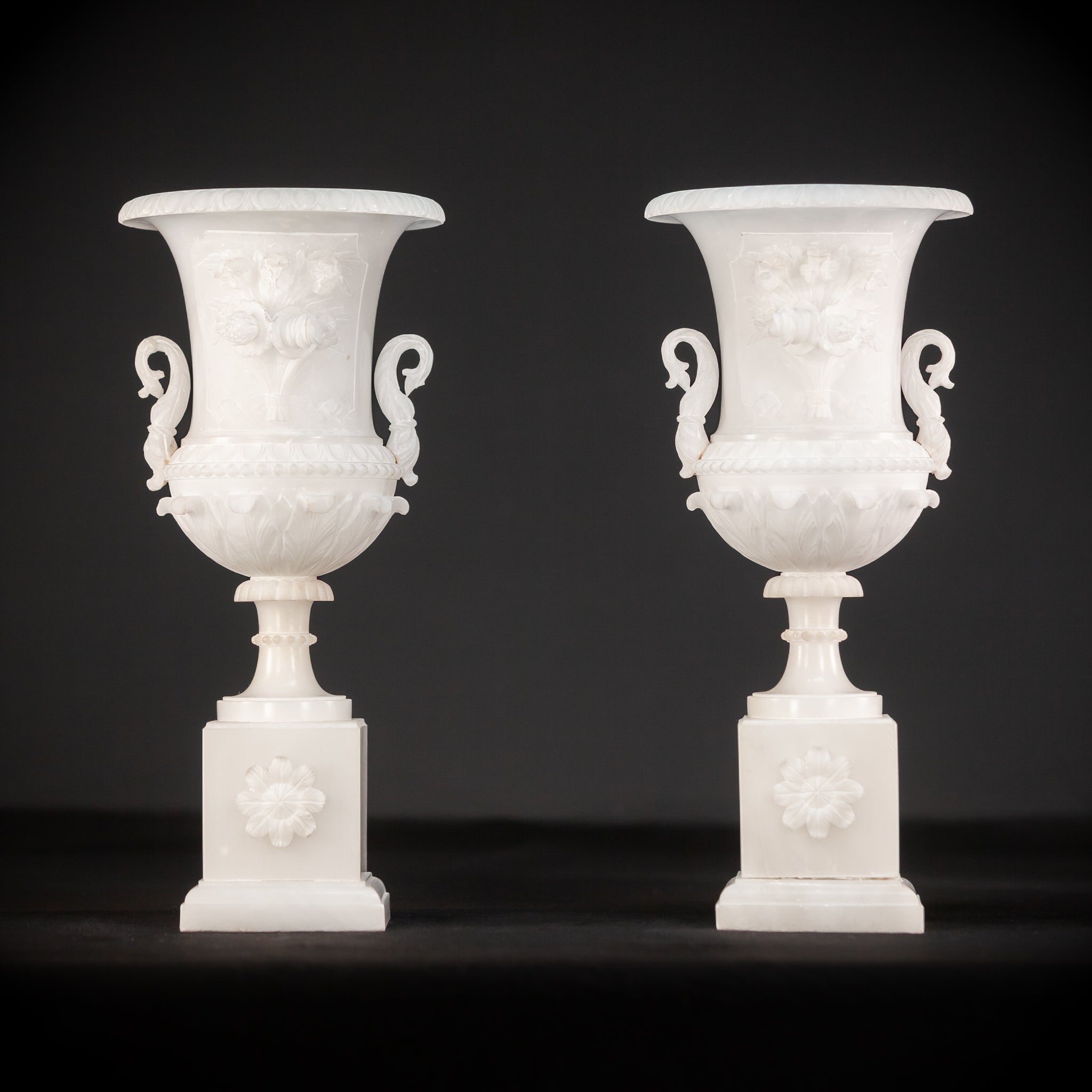 Pair of Alabaster Medici Vases | 1800s Antique | 12.6" / 32 cm