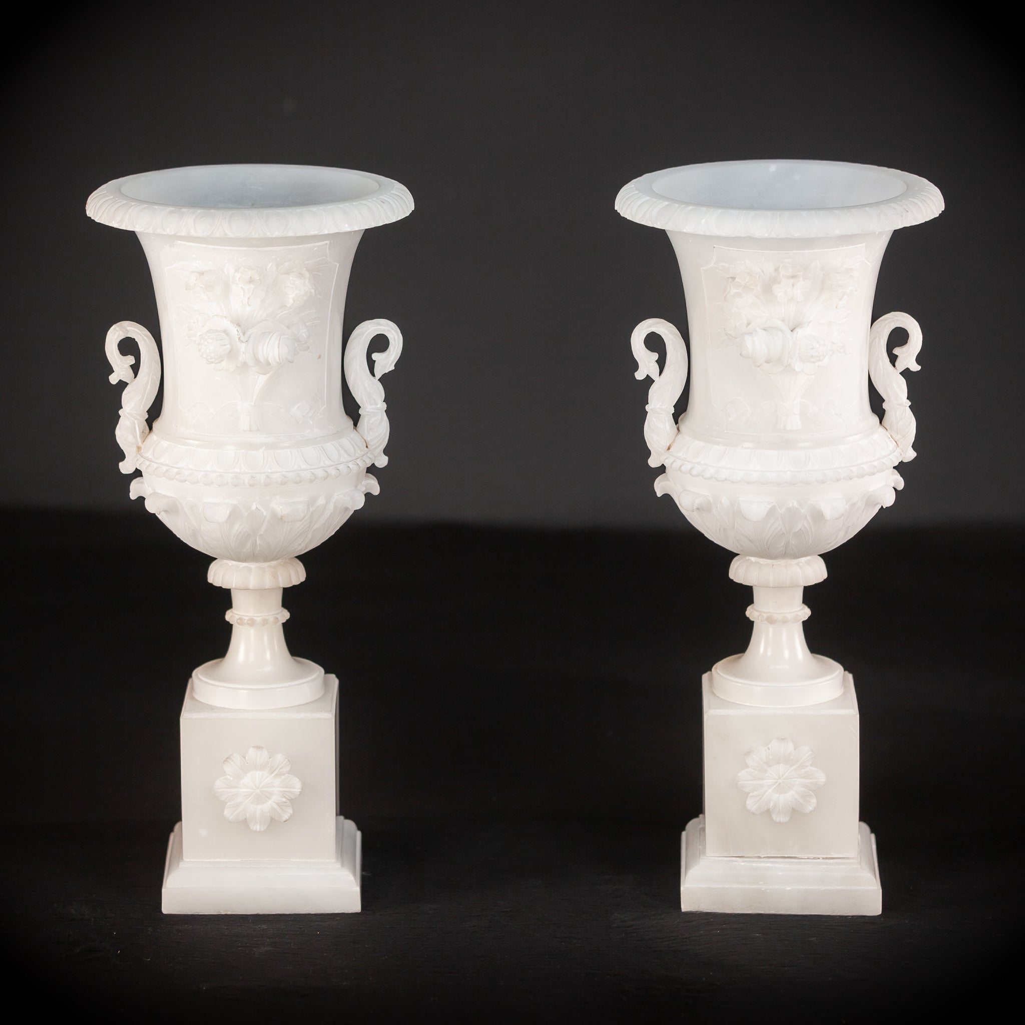 Pair of Alabaster Medici Vases | 1800s Antique | 12.6" / 32 cm