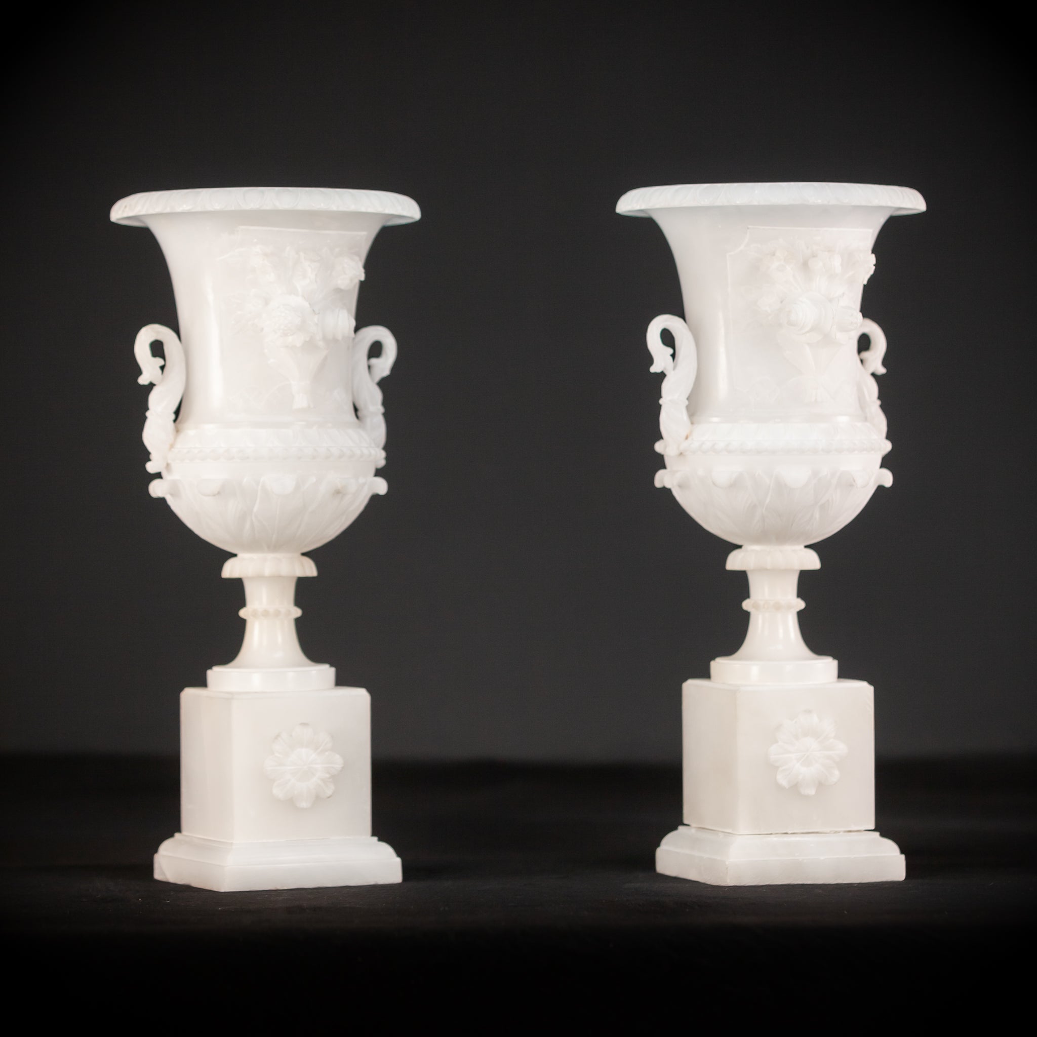 Pair of Alabaster Medici Vases | 1800s Antique | 12.6" / 32 cm