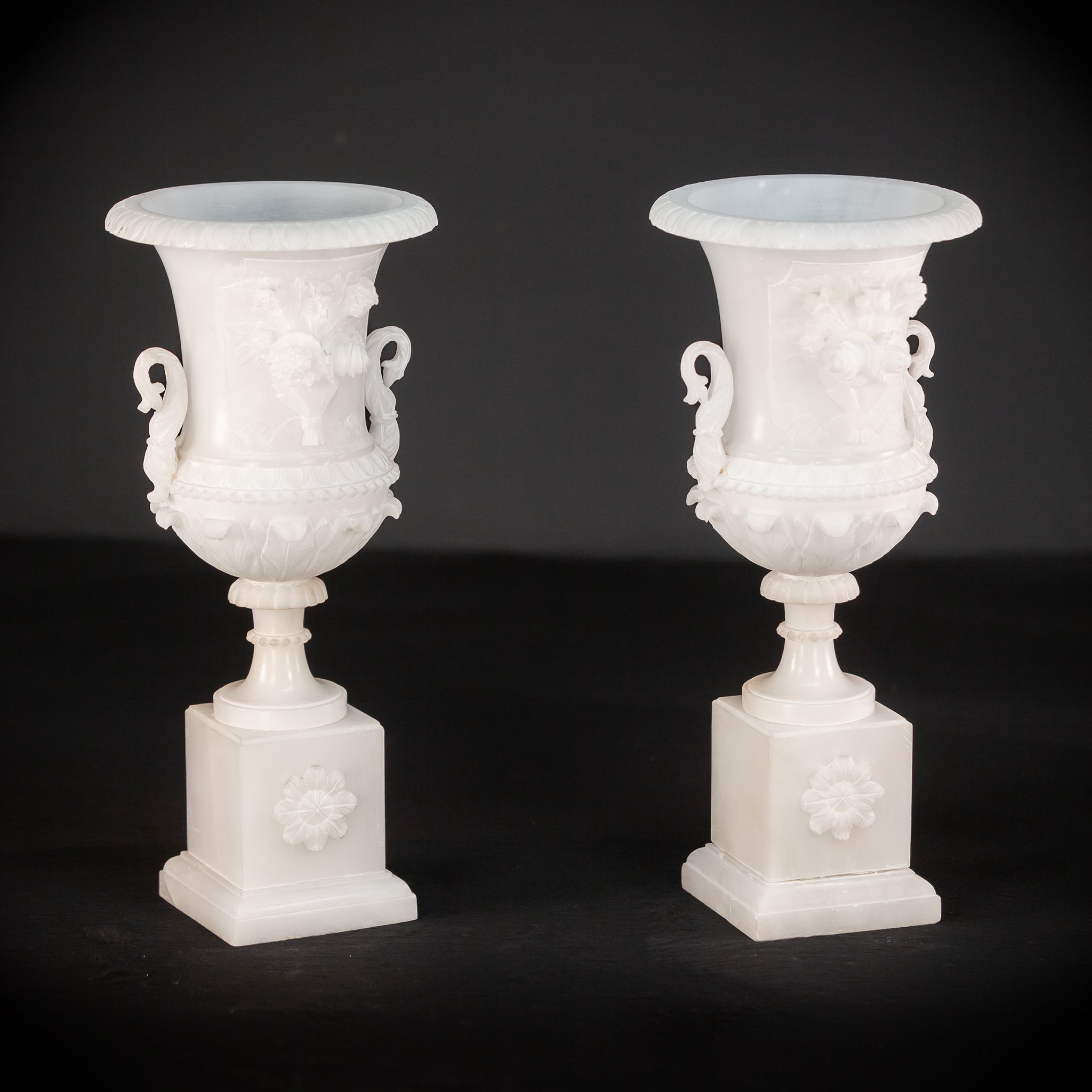 Pair of Alabaster Medici Vases | 1800s Antique | 12.6" / 32 cm