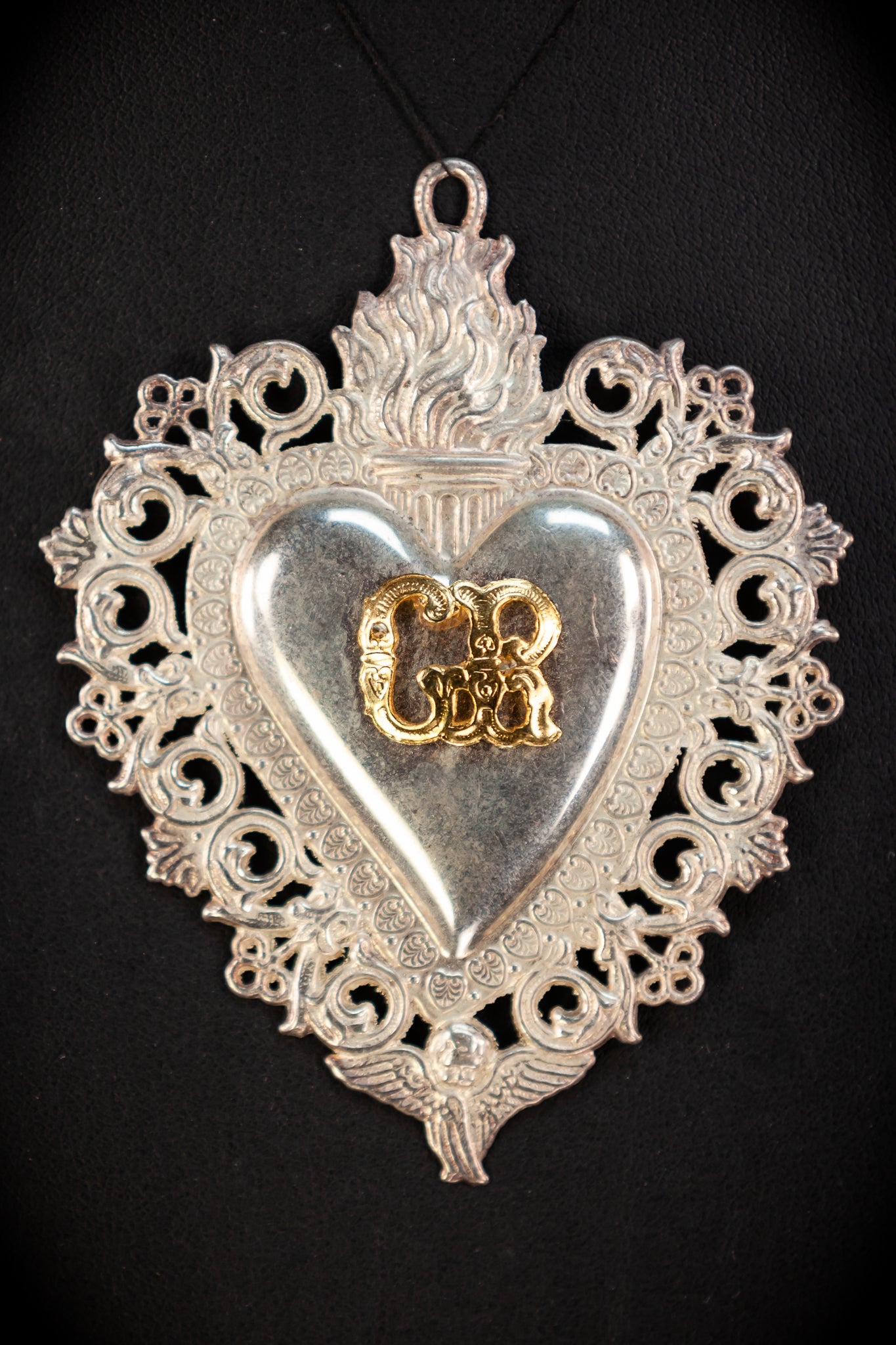 Solid Silver Votive Heart w Flame | Italian Ex-voto