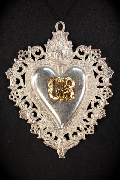 Solid Silver Votive Heart w Flame | Italian Ex-voto
