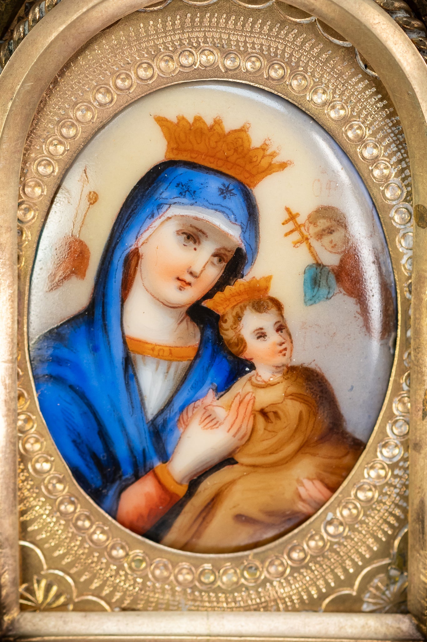 Madonna with Infant Jesus Porcelain Painting Icon | 1800s Antique | 7.1" / 18 cm