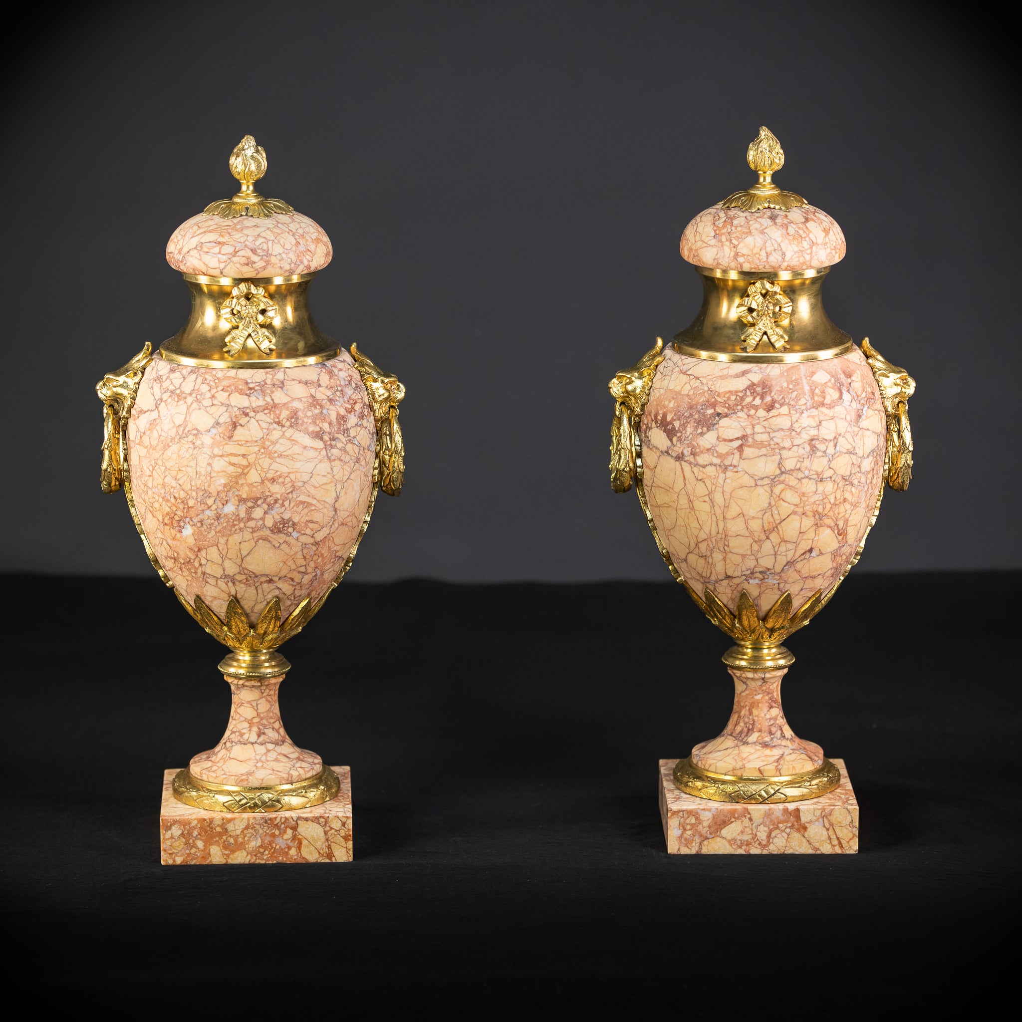 Pair of Marble and Bronze Urns | 1800s Antique | 17.7" / 45 cm