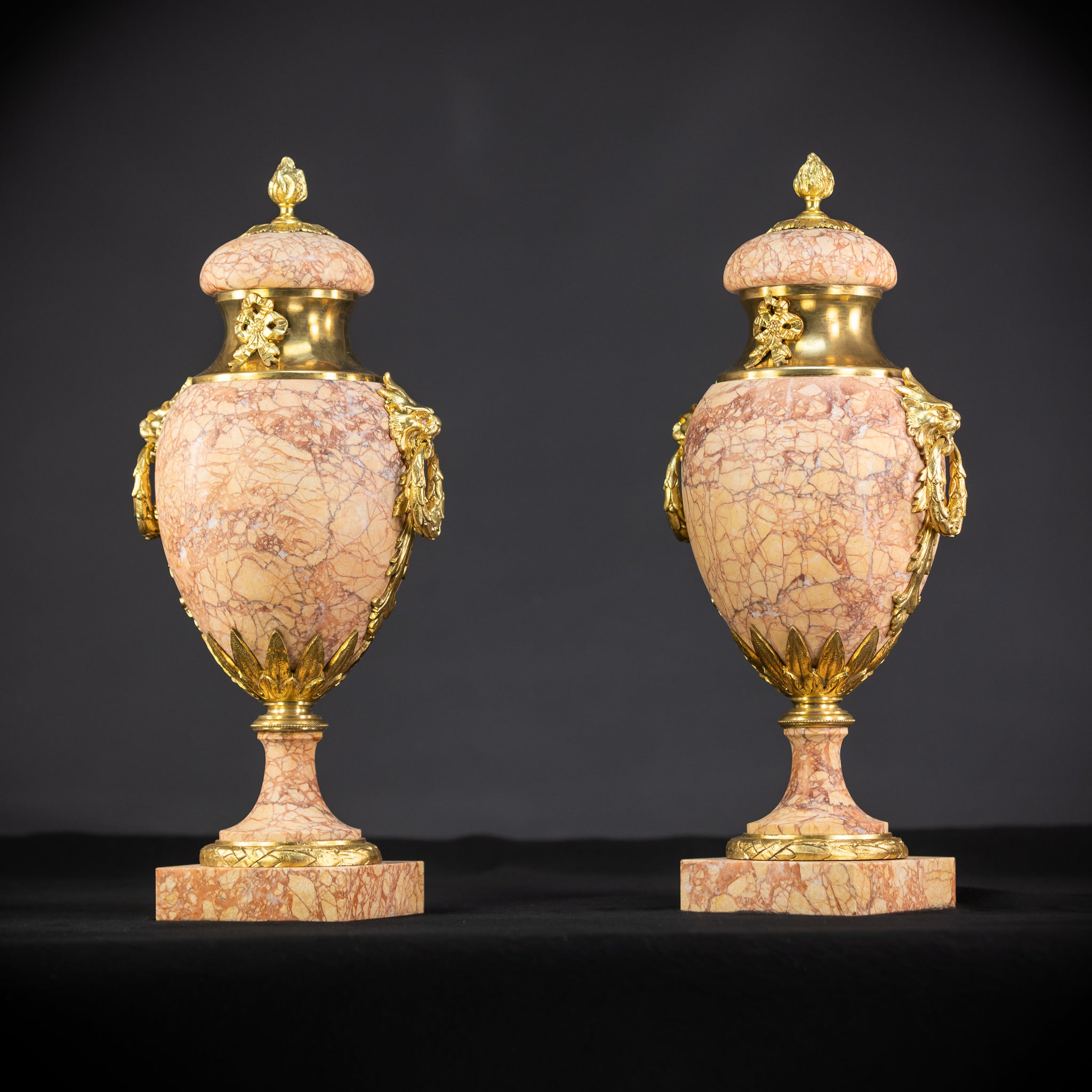 Pair of Marble and Bronze Urns | 1800s Antique | 17.7" / 45 cm