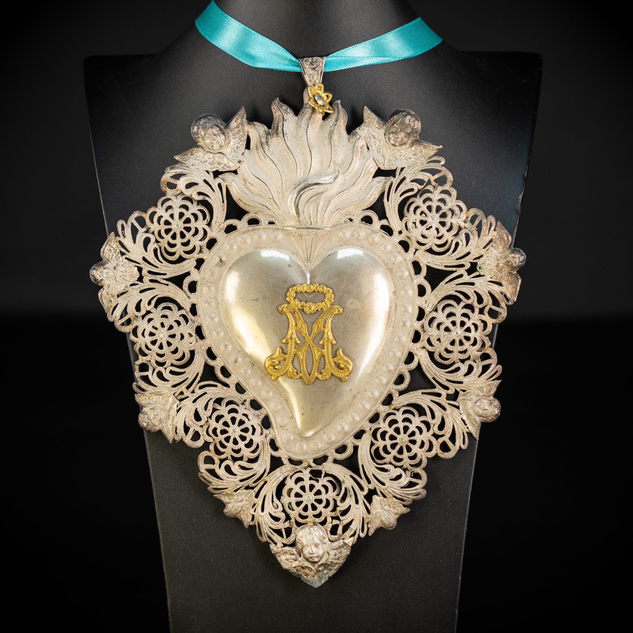 10" Solid Silver Votive Heart | 1800s  Virgin Mary Monogram