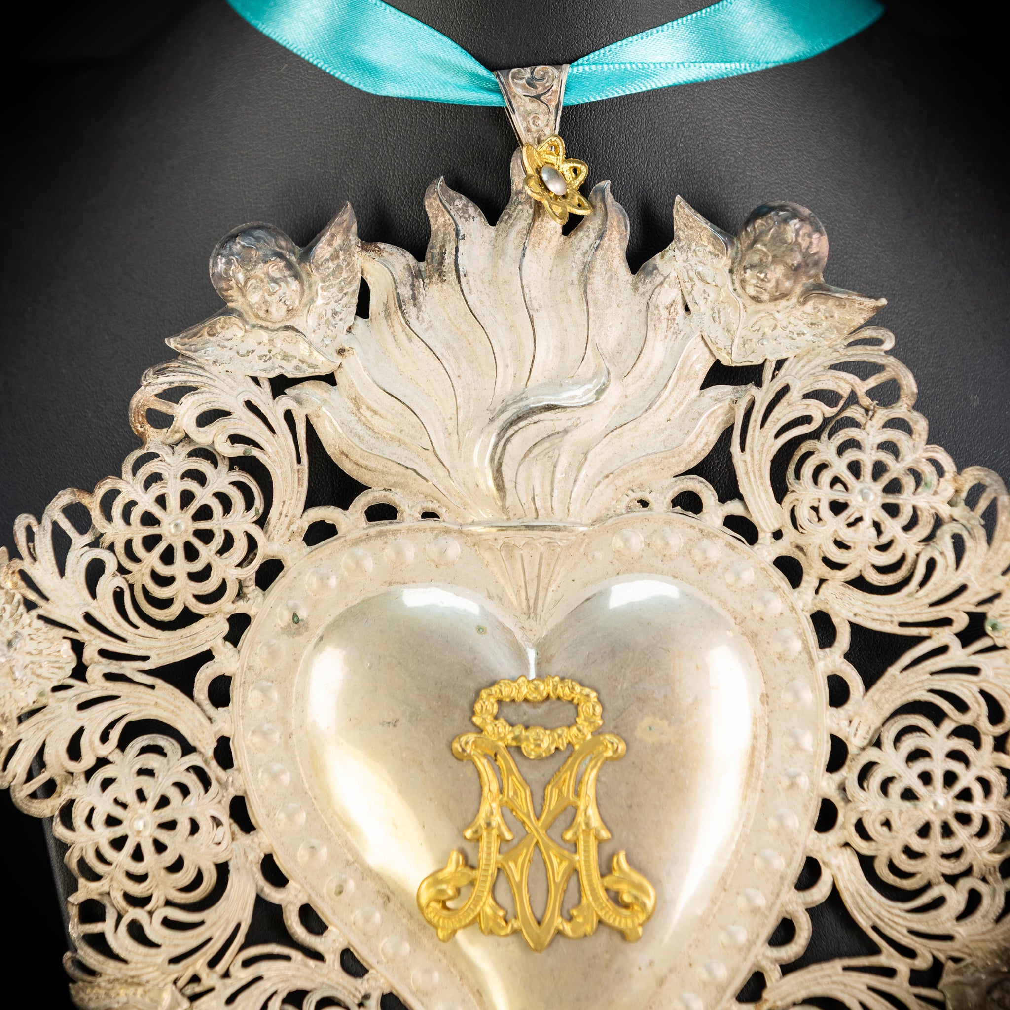 10" Solid Silver Votive Heart | 1800s  Virgin Mary Monogram