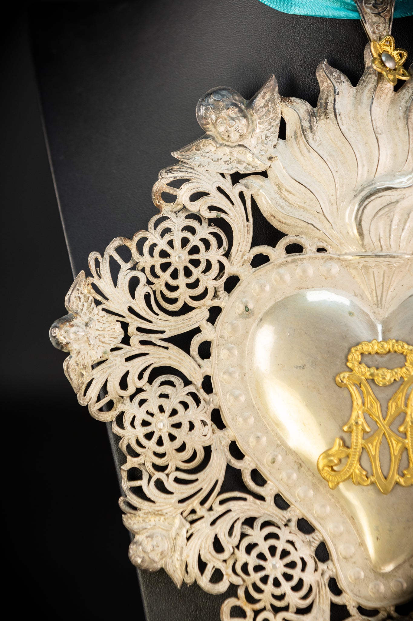 10" Solid Silver Votive Heart | 1800s  Virgin Mary Monogram