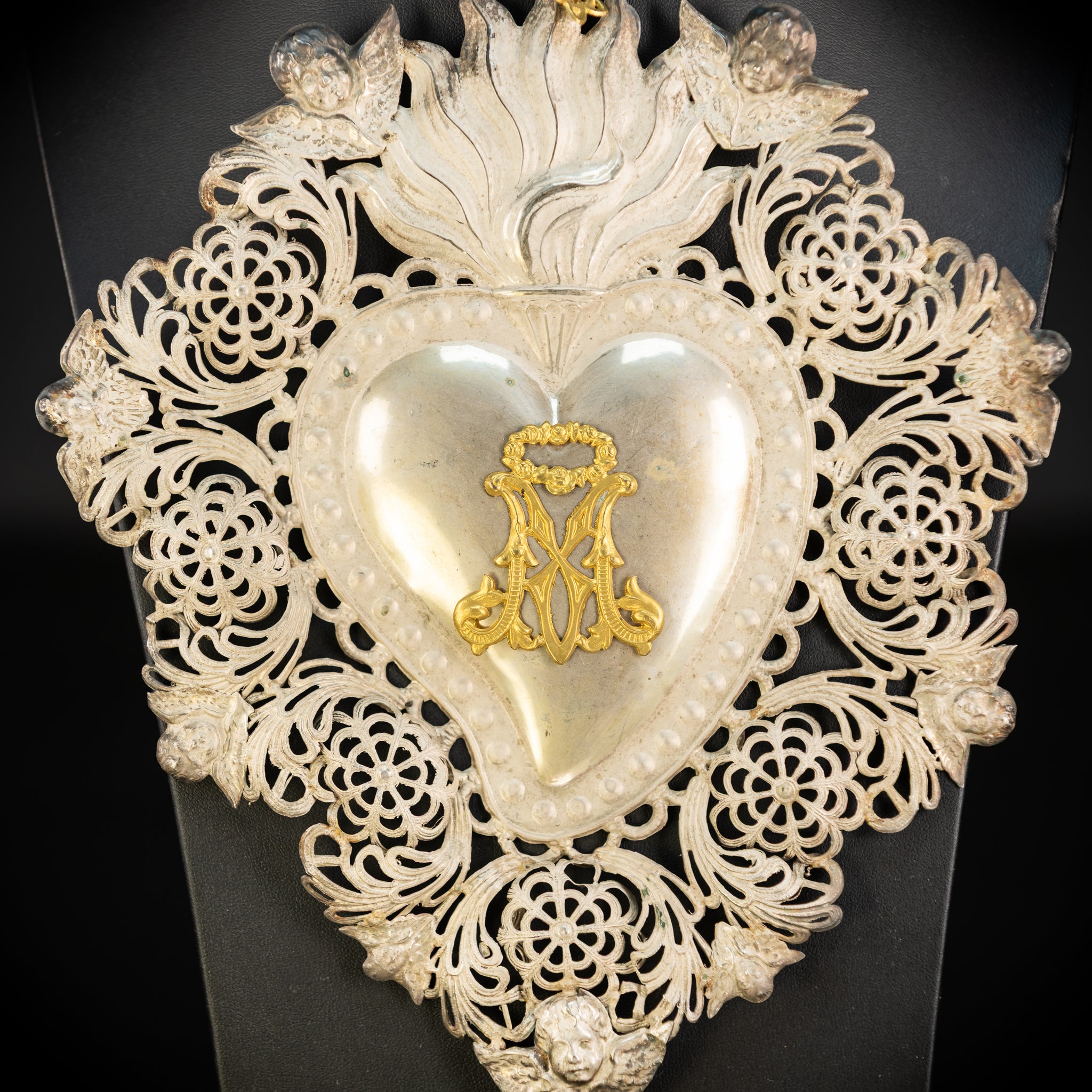 10" Solid Silver Votive Heart | 1800s  Virgin Mary Monogram