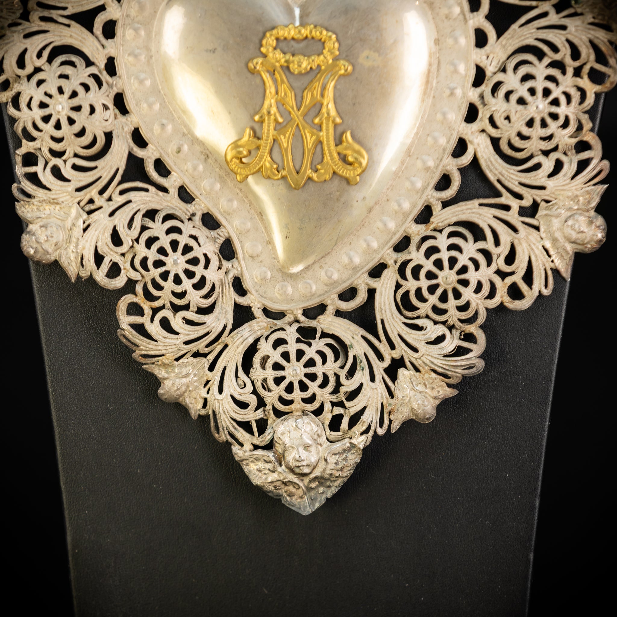 10" Solid Silver Votive Heart | 1800s  Virgin Mary Monogram