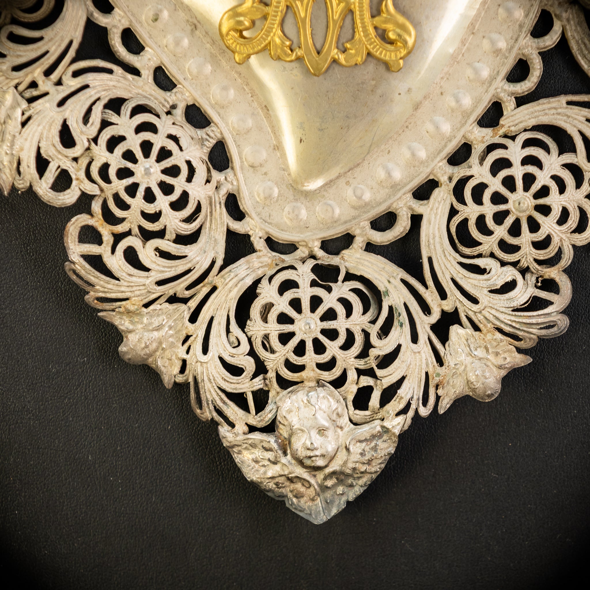 10" Solid Silver Votive Heart | 1800s  Virgin Mary Monogram