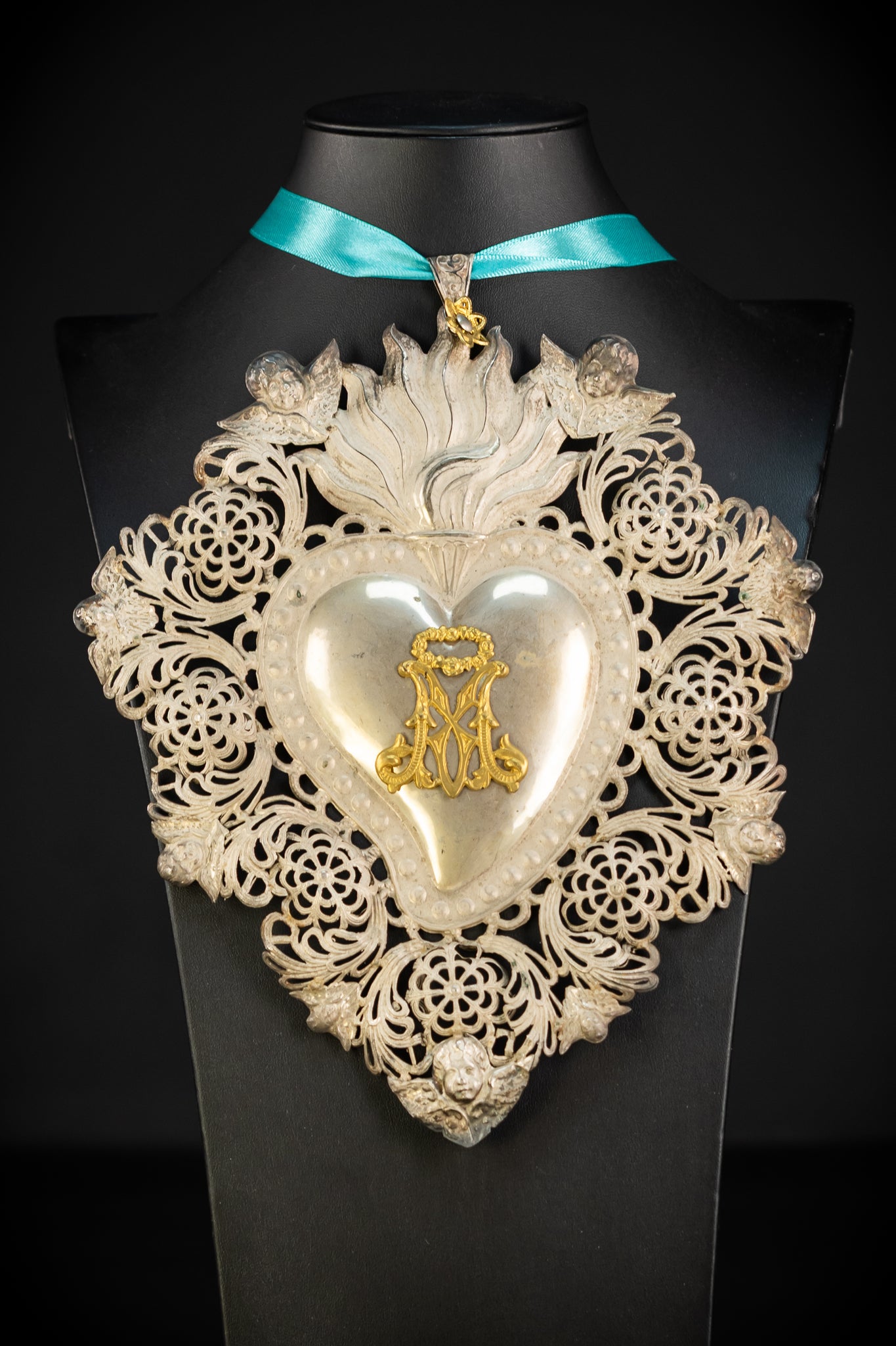 10" Solid Silver Votive Heart | 1800s  Virgin Mary Monogram