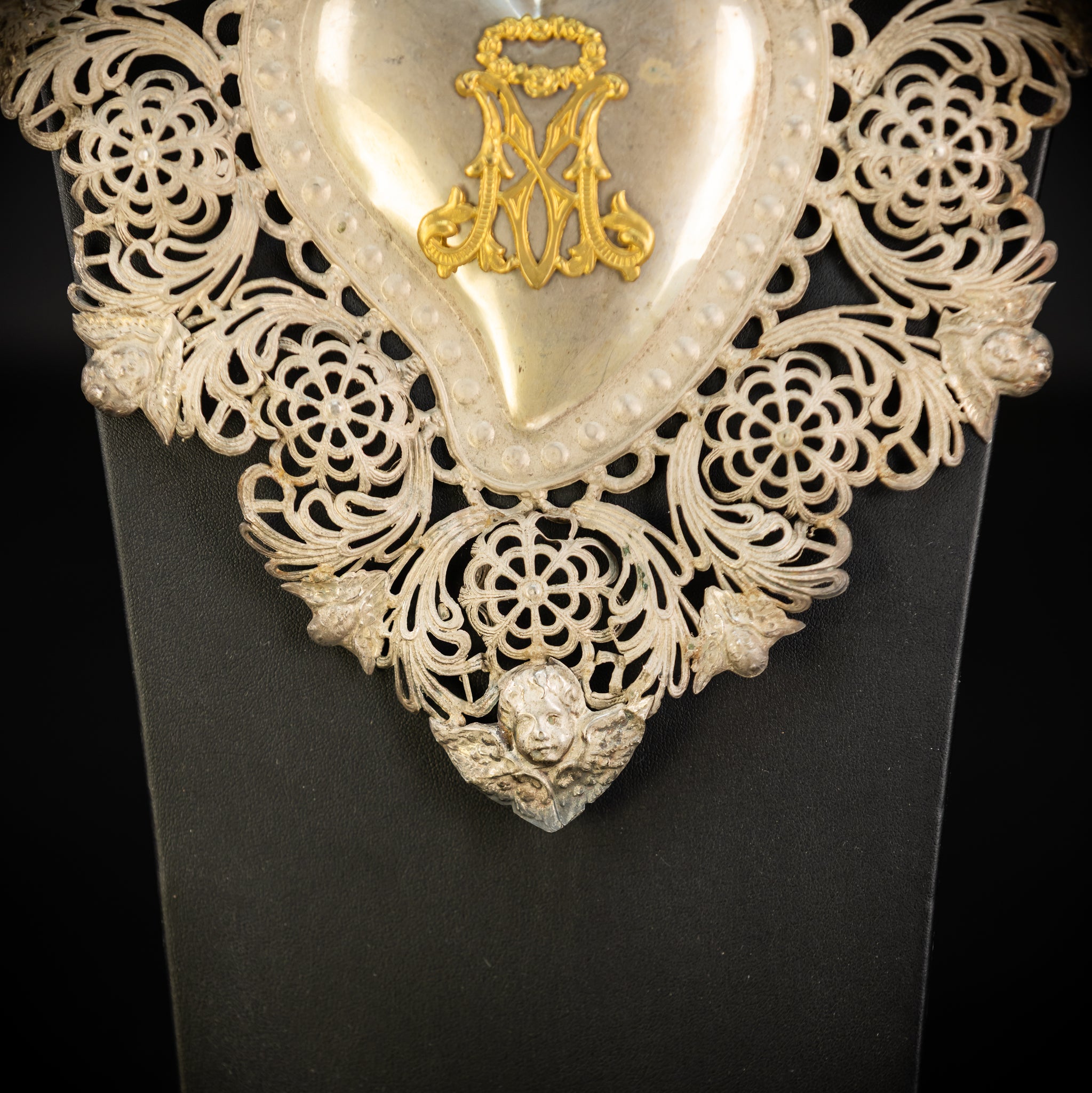 10" Solid Silver Votive Heart | 1800s  Virgin Mary Monogram