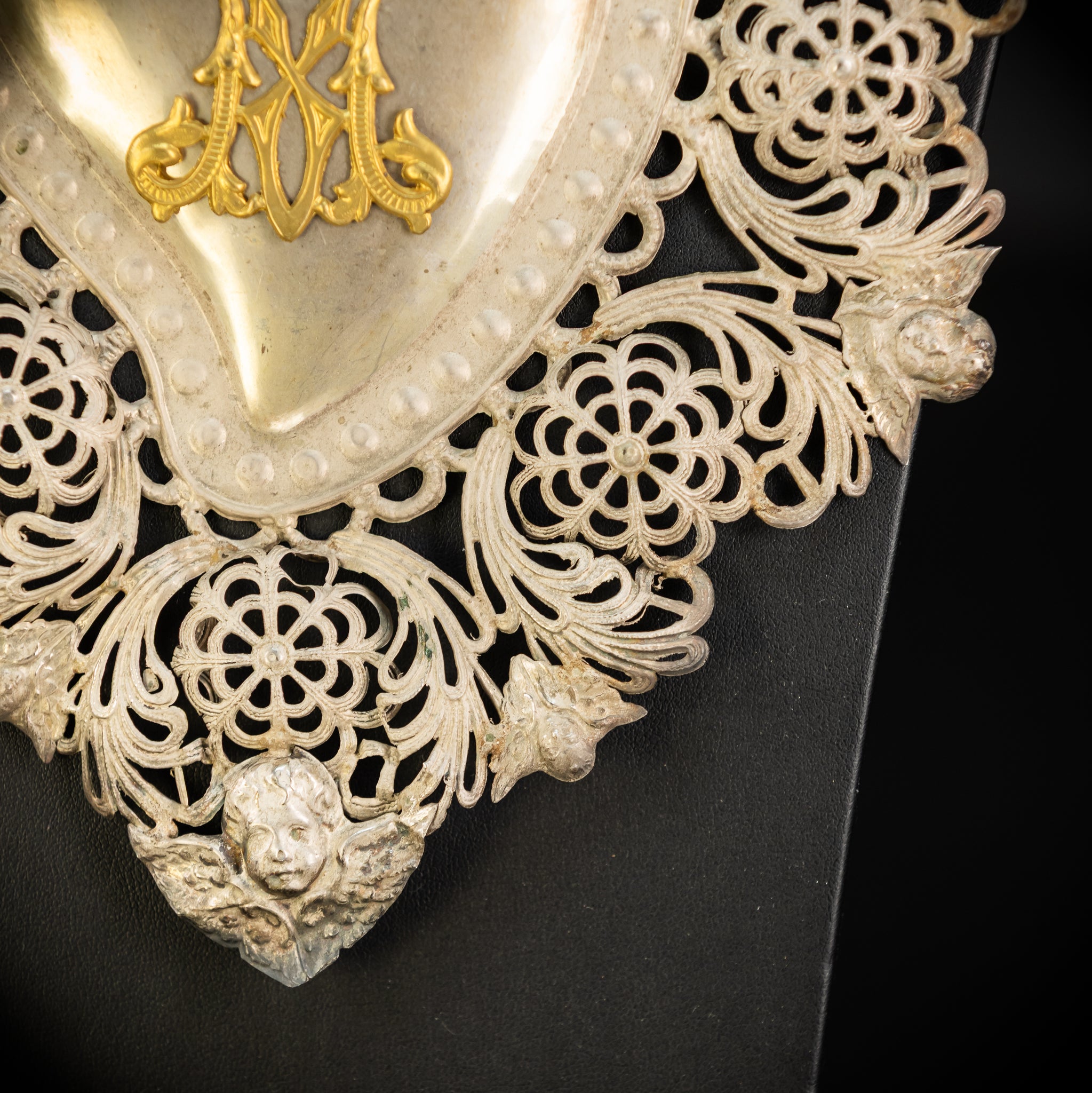 10" Solid Silver Votive Heart | 1800s  Virgin Mary Monogram