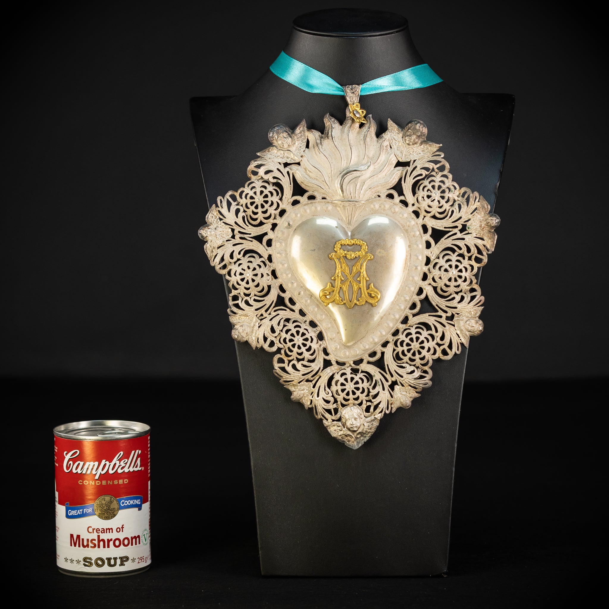 10" Solid Silver Votive Heart | 1800s  Virgin Mary Monogram