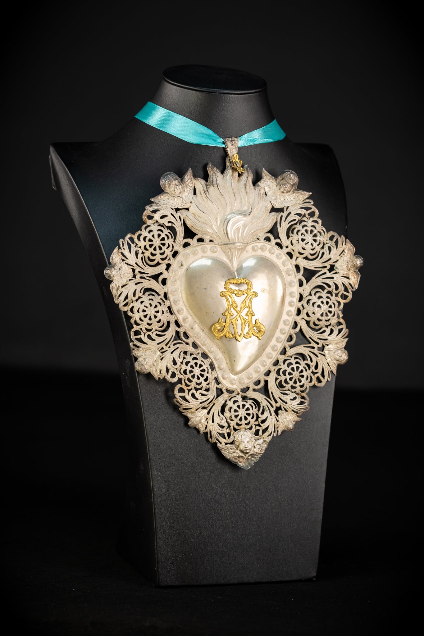 10" Solid Silver Votive Heart | 1800s  Virgin Mary Monogram