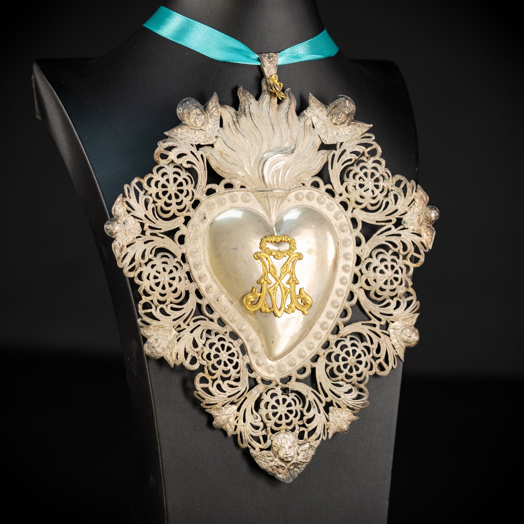 10" Solid Silver Votive Heart | 1800s  Virgin Mary Monogram