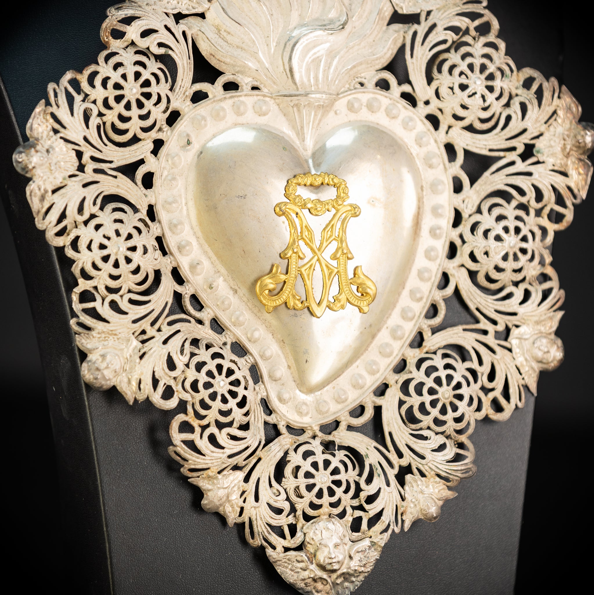 10" Solid Silver Votive Heart | 1800s  Virgin Mary Monogram