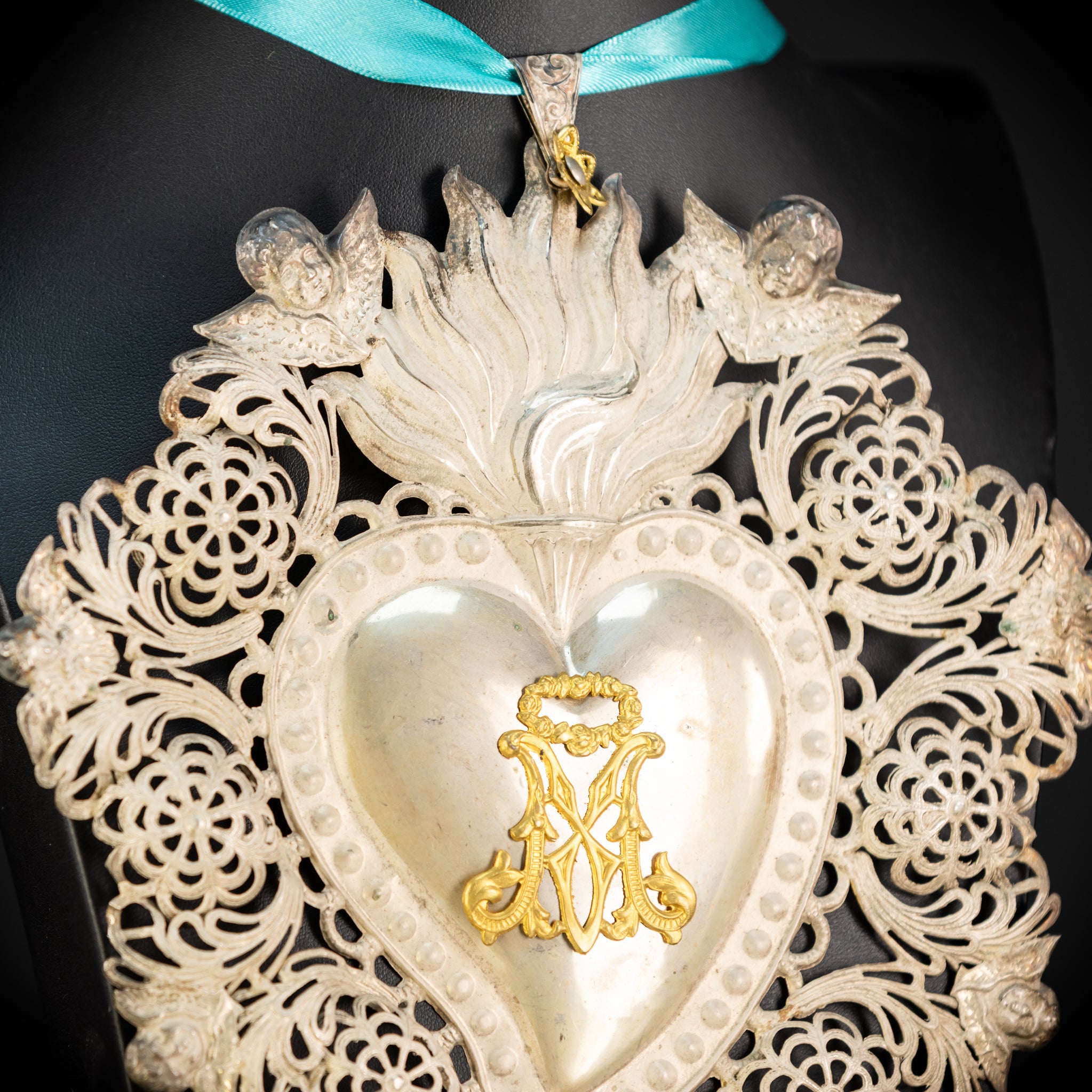 10" Solid Silver Votive Heart | 1800s  Virgin Mary Monogram