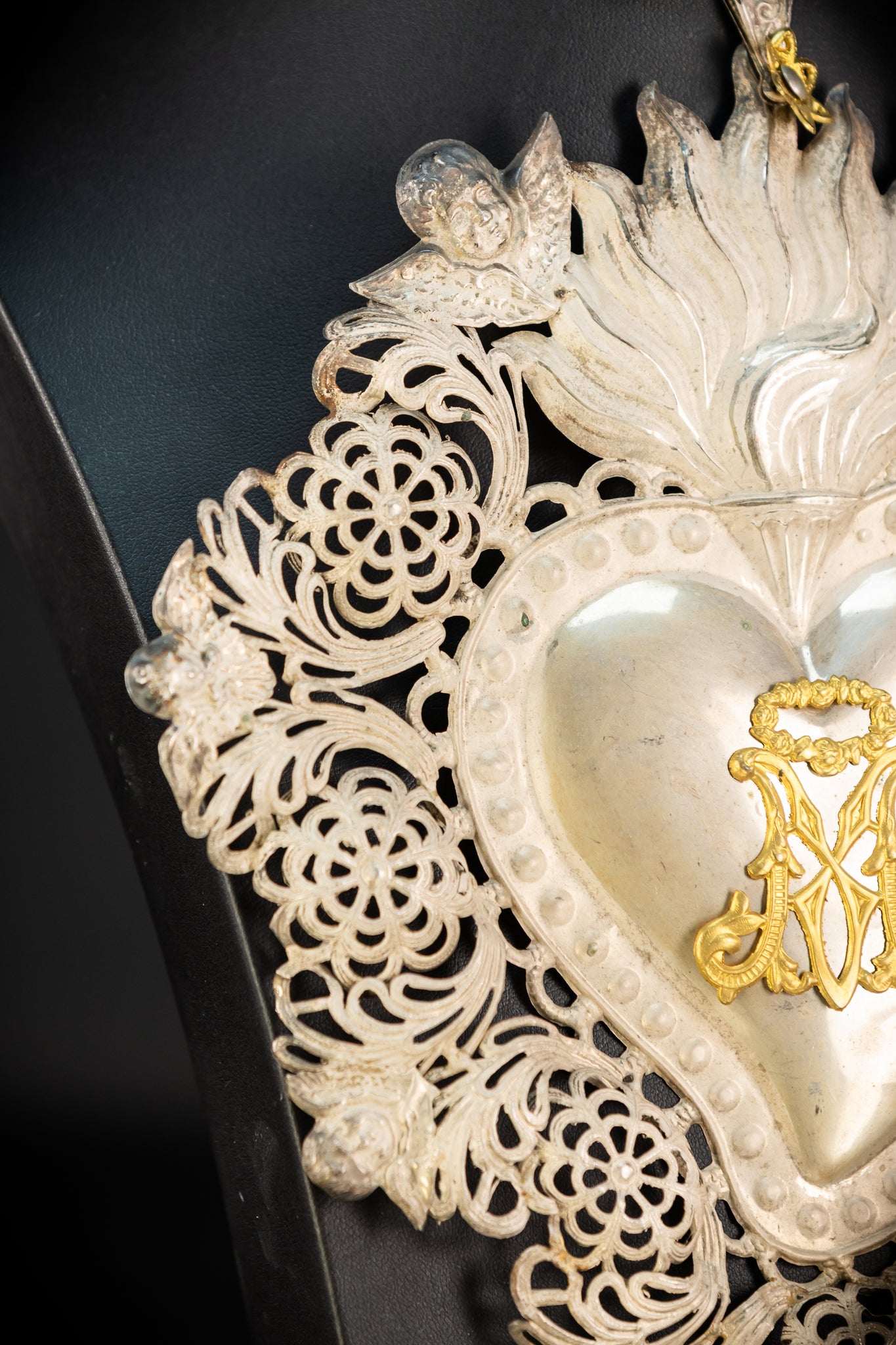 10" Solid Silver Votive Heart | 1800s  Virgin Mary Monogram