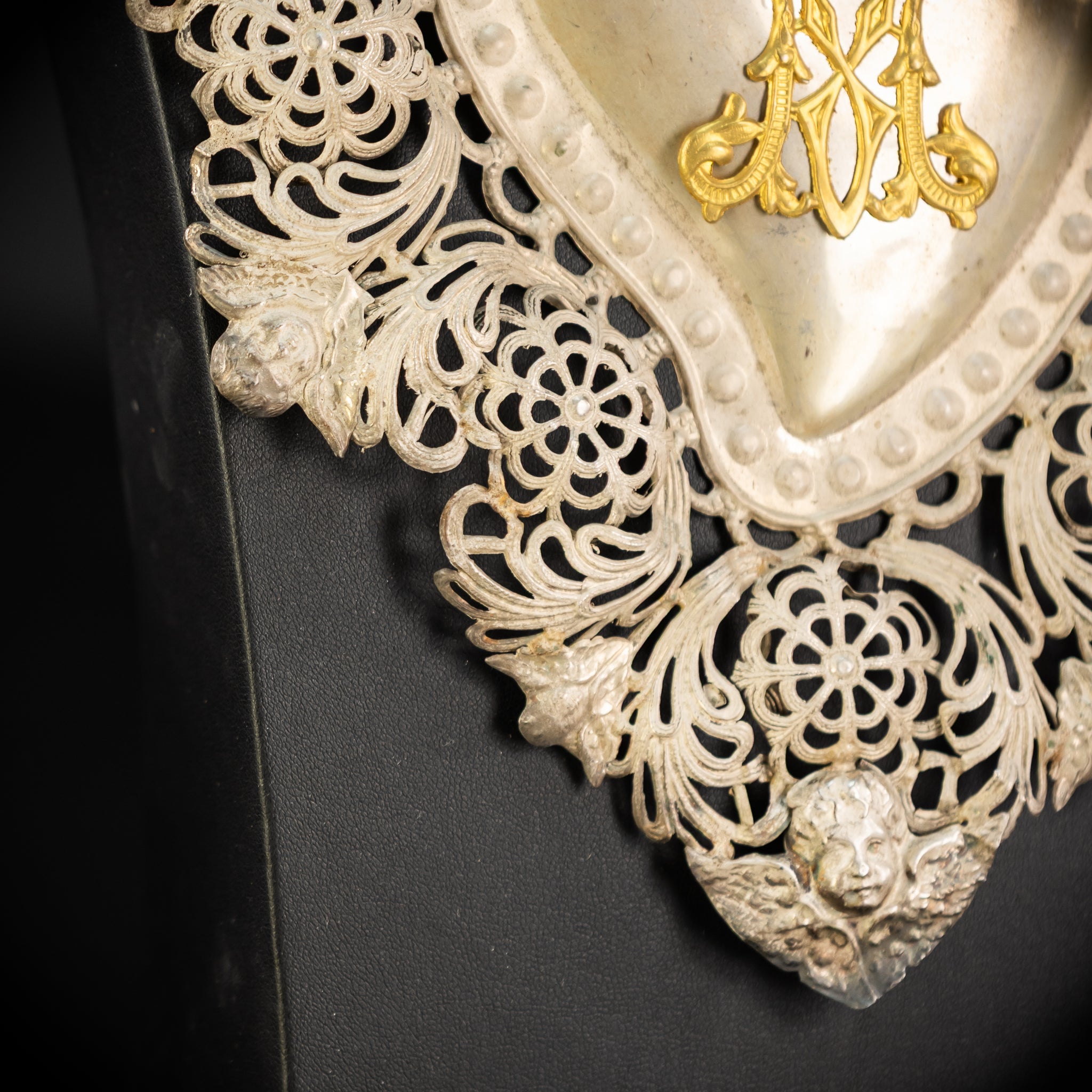 10" Solid Silver Votive Heart | 1800s  Virgin Mary Monogram