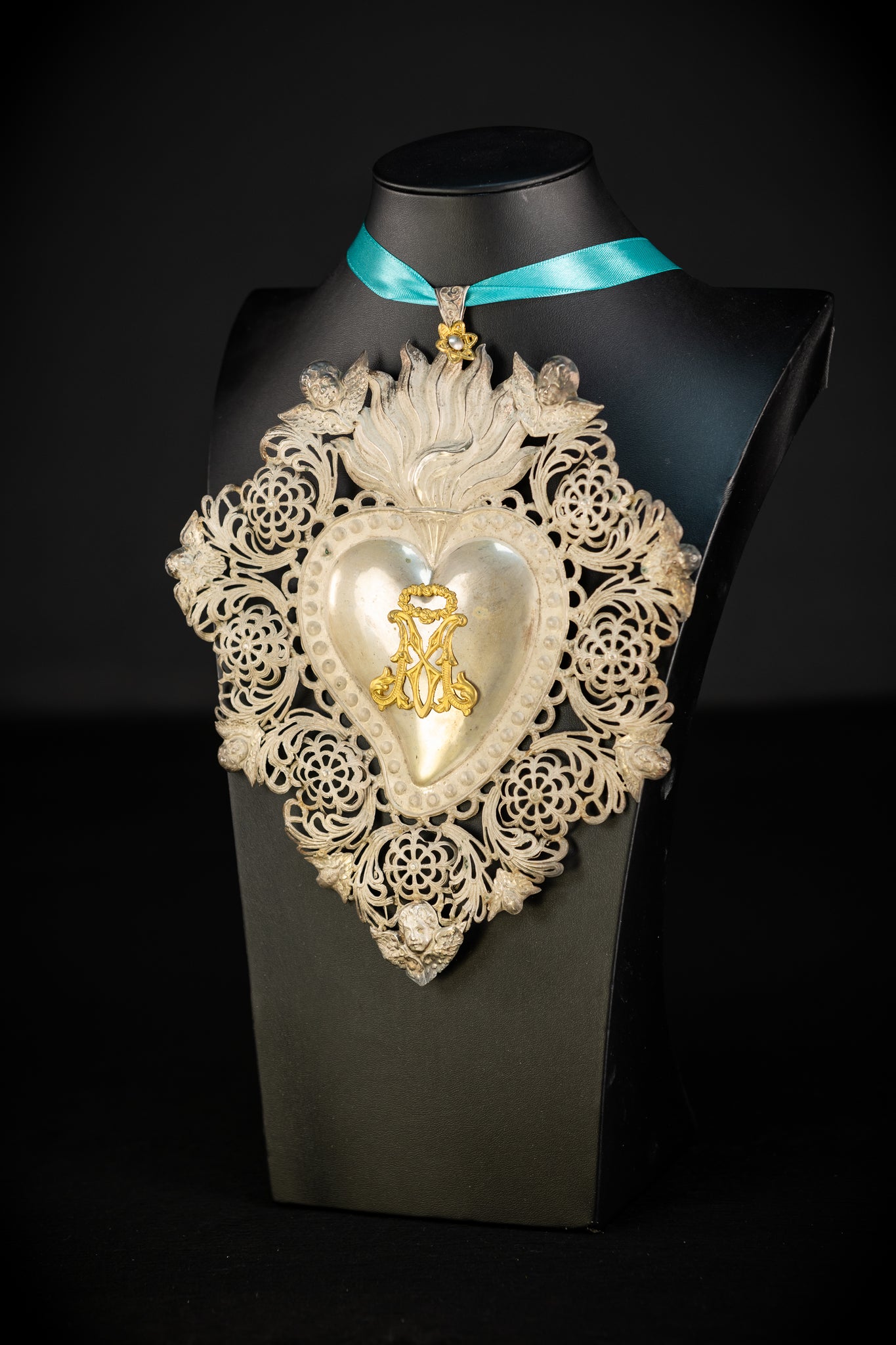 10" Solid Silver Votive Heart | 1800s  Virgin Mary Monogram