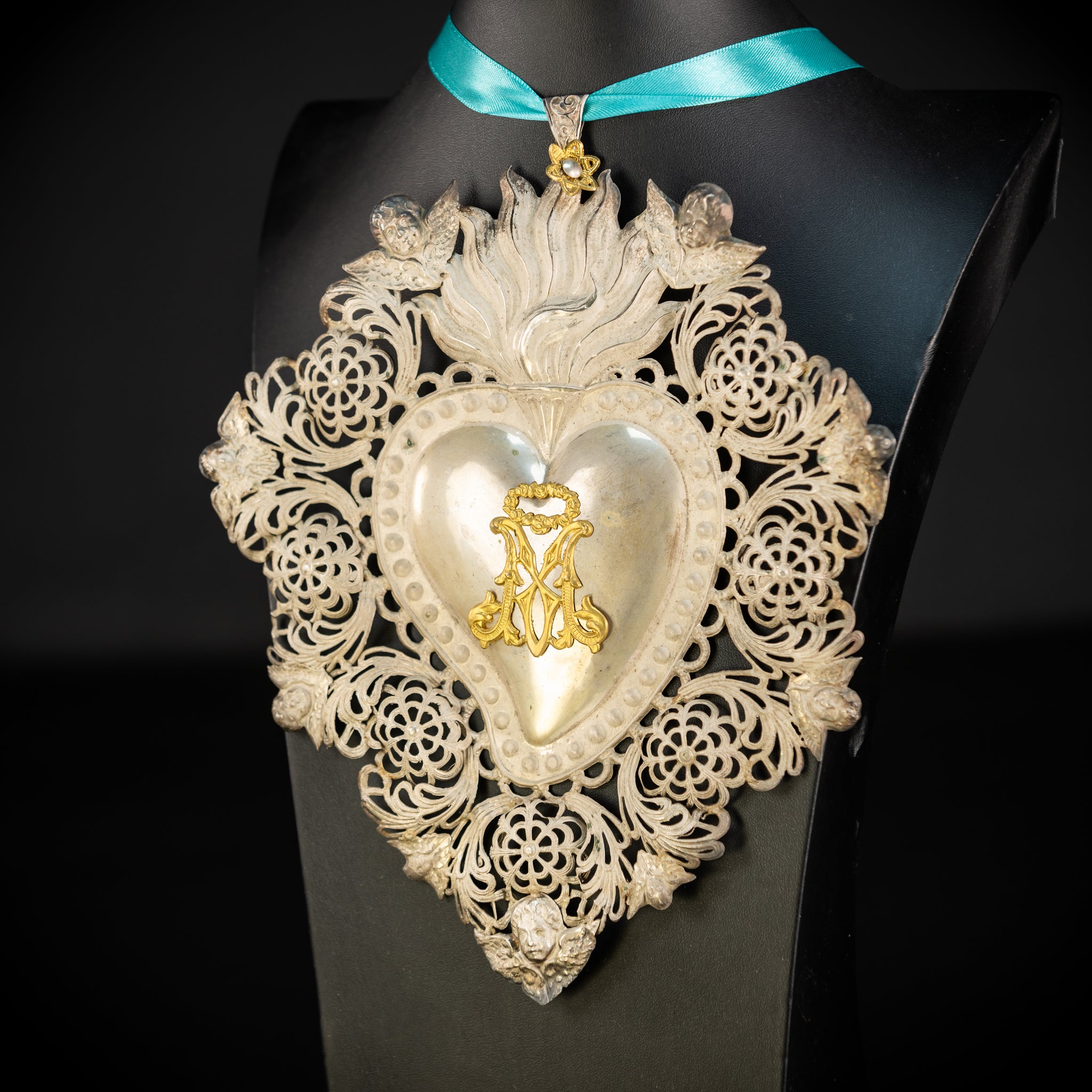 10" Solid Silver Votive Heart | 1800s  Virgin Mary Monogram