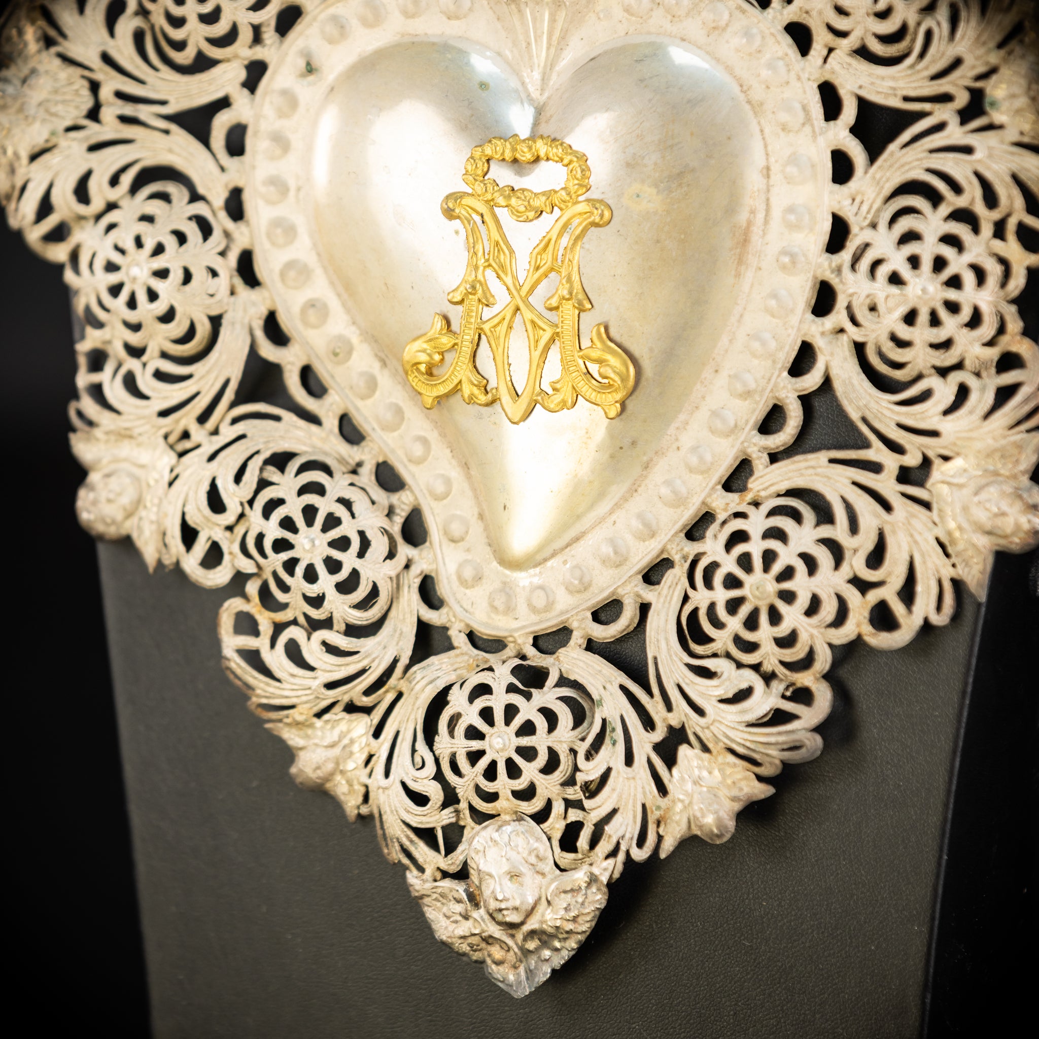 10" Solid Silver Votive Heart | 1800s  Virgin Mary Monogram