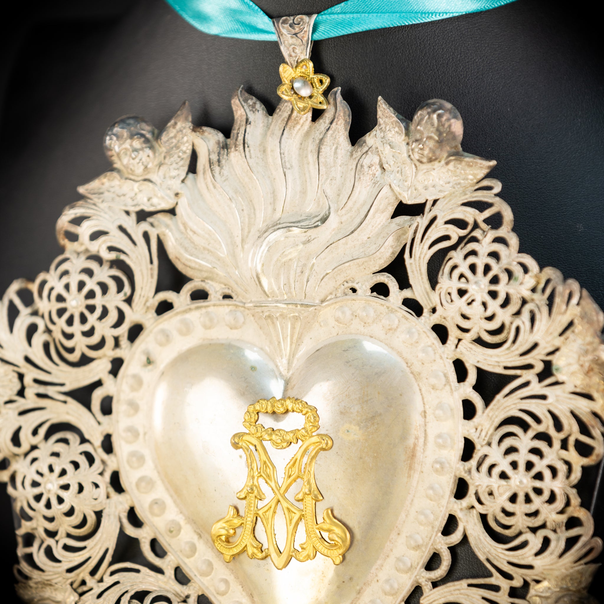 10" Solid Silver Votive Heart | 1800s  Virgin Mary Monogram