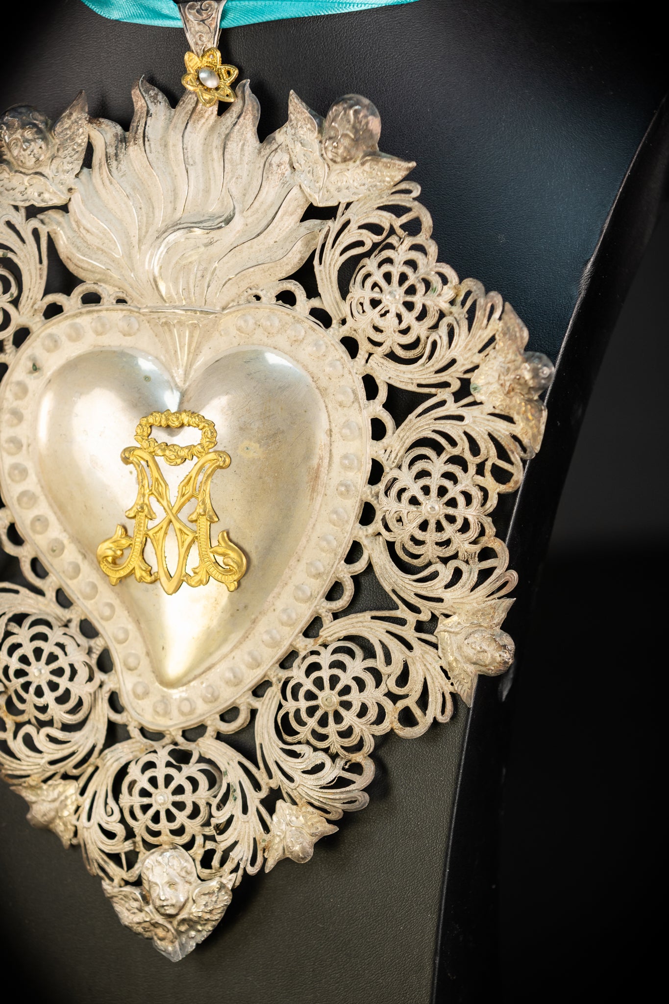 10" Solid Silver Votive Heart | 1800s  Virgin Mary Monogram